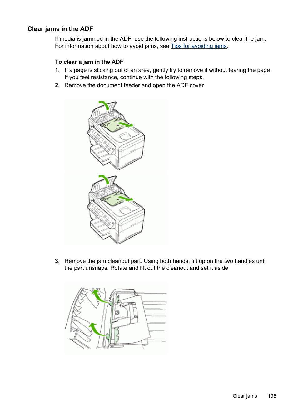 Clear jams in the adf | HP Officejet Pro L7380 All-in-One Printer User Manual | Page 199 / 245