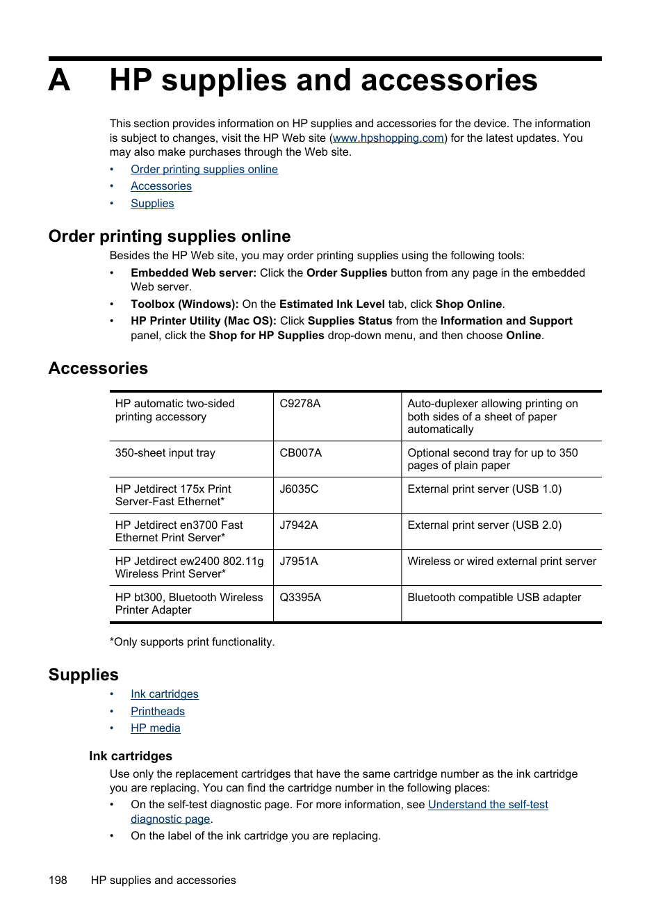 Hp supplies and accessories, Order printing supplies online, Accessories | Supplies, Ink cartridges, A hp supplies and accessories, Ink cartridges printheads hp media, Order, Printing supplies online, Your device, see | HP Officejet Pro L7380 All-in-One Printer User Manual | Page 202 / 245