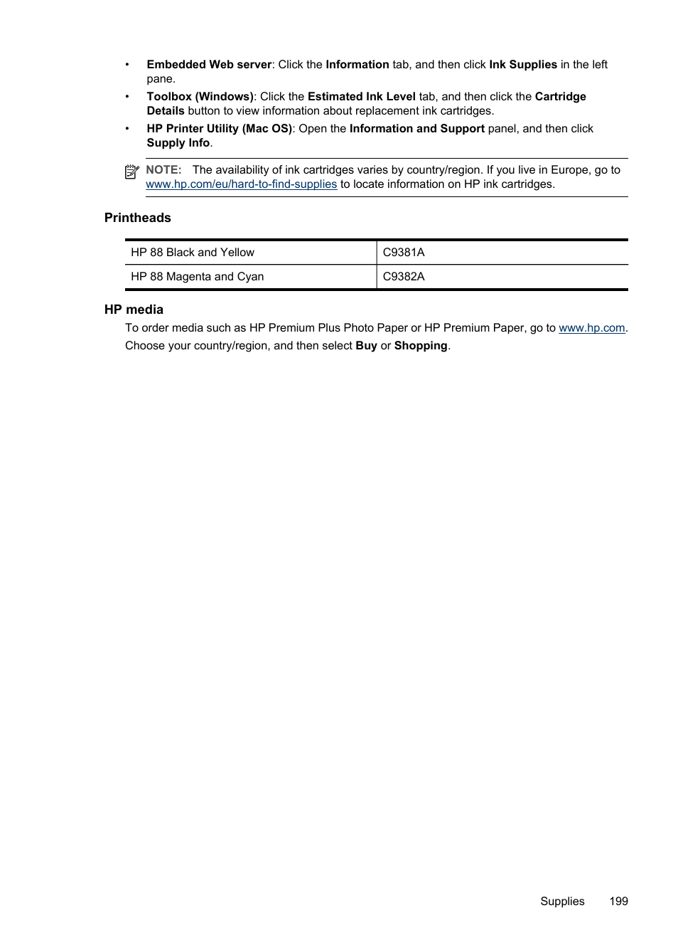 Printheads, Hp media | HP Officejet Pro L7380 All-in-One Printer User Manual | Page 203 / 245