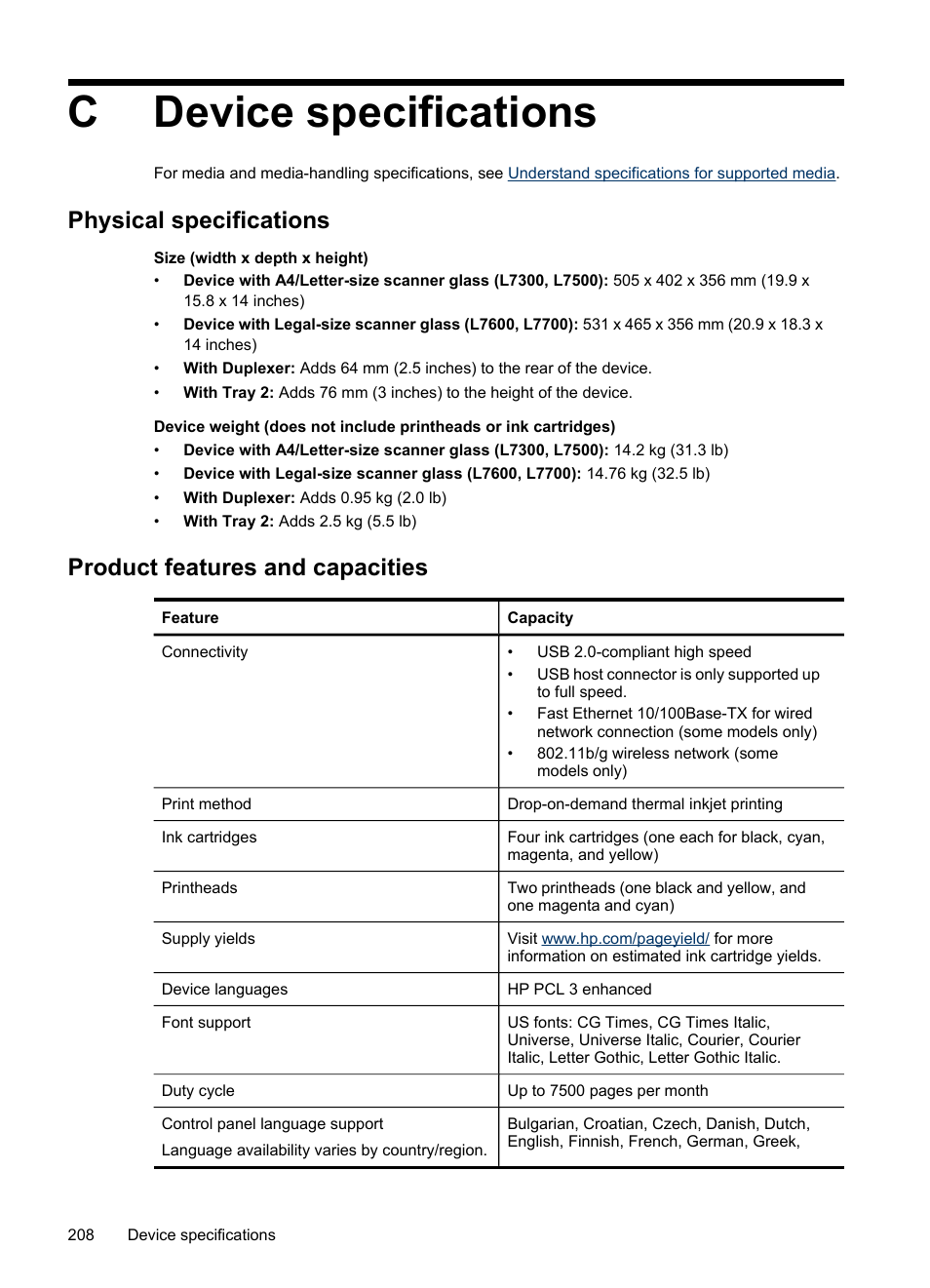 Device specifications, Physical specifications, Product features and capacities | C device specifications, Cdevice specifications | HP Officejet Pro L7380 All-in-One Printer User Manual | Page 212 / 245