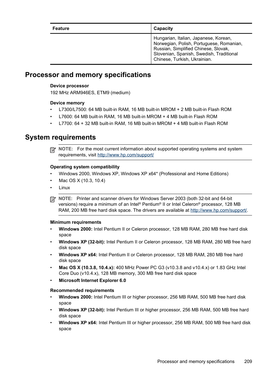 Processor and memory specifications, System requirements | HP Officejet Pro L7380 All-in-One Printer User Manual | Page 213 / 245