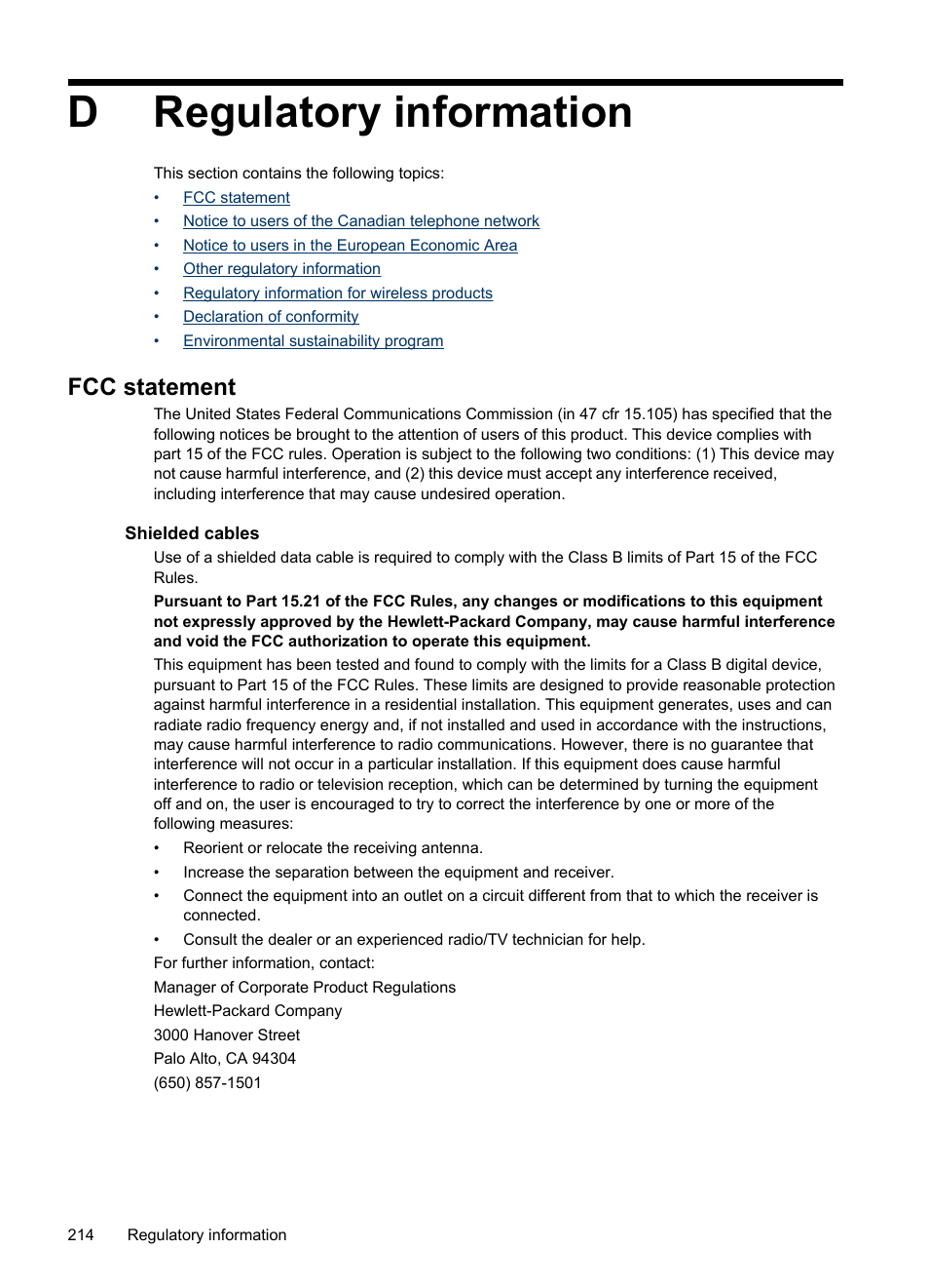 Regulatory information, Fcc statement, Shielded cables | D regulatory information, Dregulatory information | HP Officejet Pro L7380 All-in-One Printer User Manual | Page 218 / 245