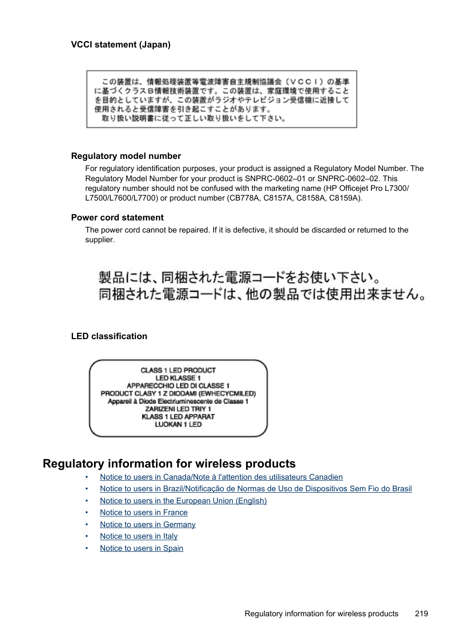 Vcci statement (japan), Regulatory model number, Power cord statement | Led classification, Regulatory information for wireless products | HP Officejet Pro L7380 All-in-One Printer User Manual | Page 223 / 245