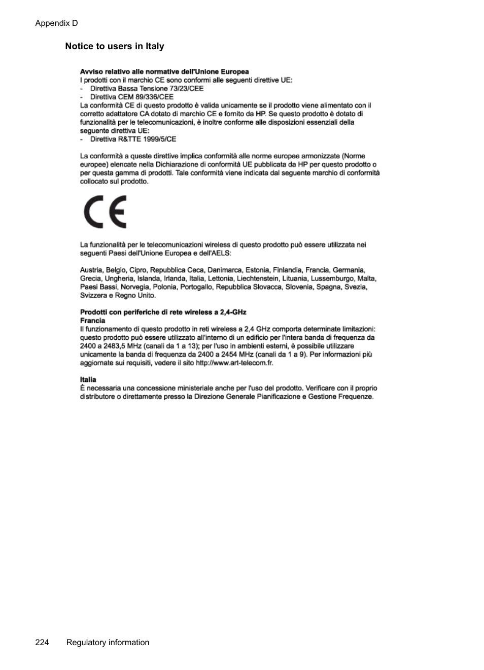 Notice to users in italy | HP Officejet Pro L7380 All-in-One Printer User Manual | Page 228 / 245