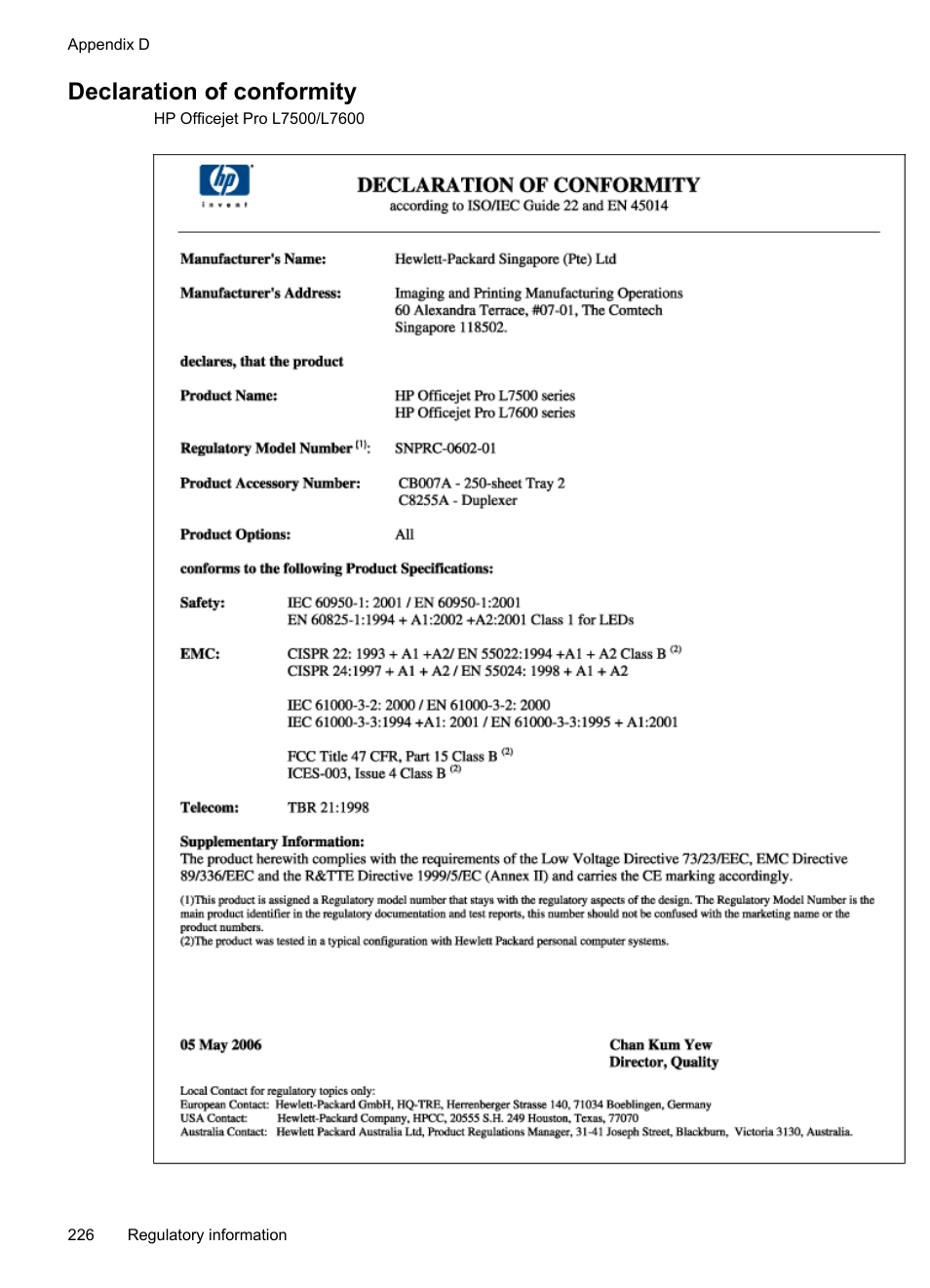 Declaration of conformity | HP Officejet Pro L7380 All-in-One Printer User Manual | Page 230 / 245