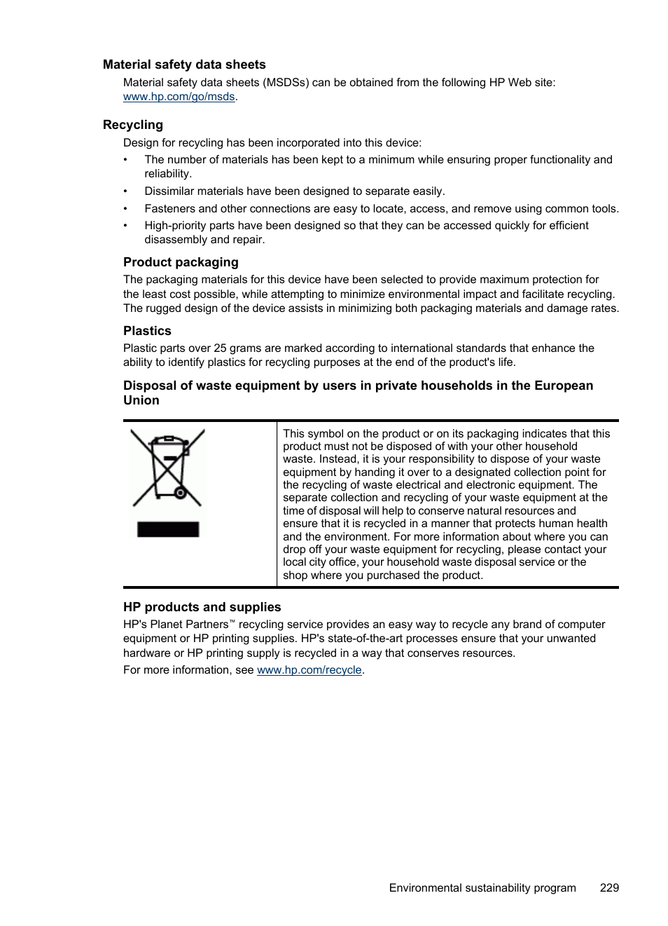 Material safety data sheets, Recycling, Product packaging | Plastics, Hp products and supplies | HP Officejet Pro L7380 All-in-One Printer User Manual | Page 233 / 245