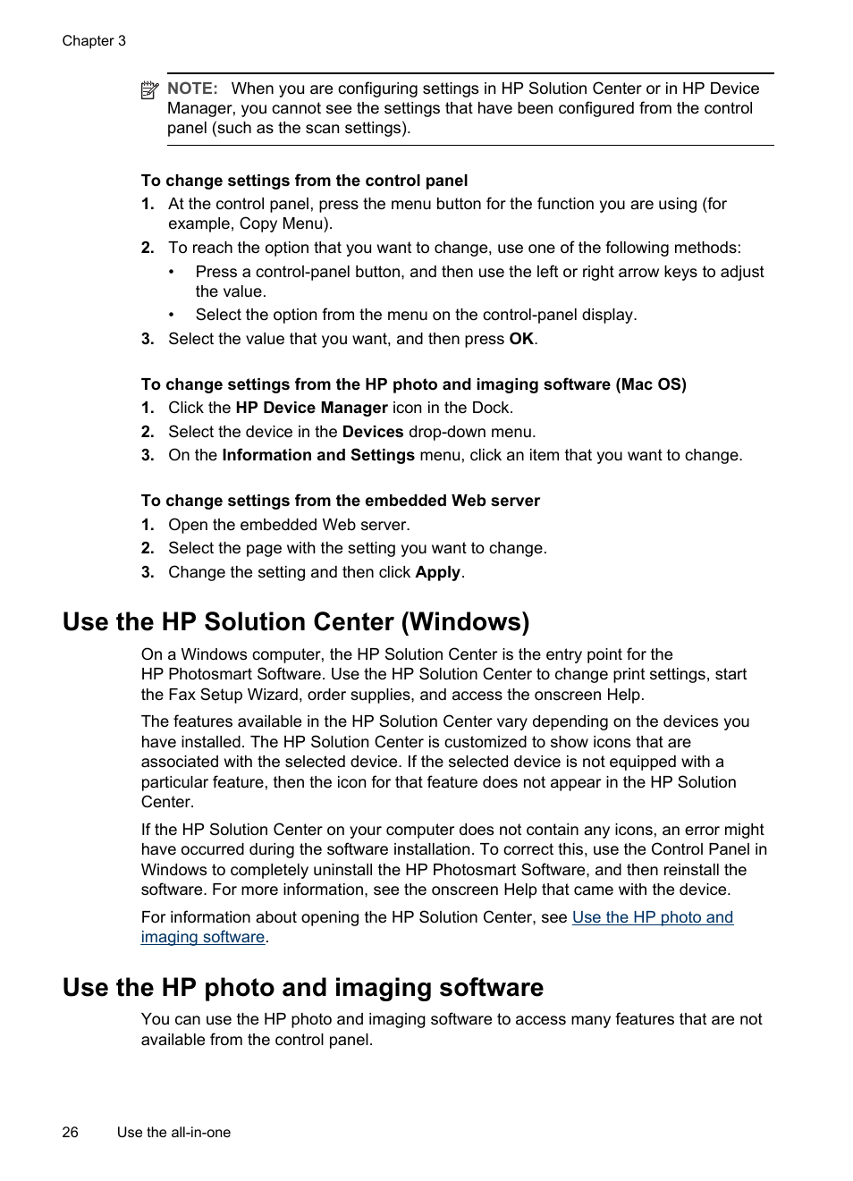 Use the hp solution center (windows), Use the hp photo and imaging software | HP Officejet Pro L7380 All-in-One Printer User Manual | Page 30 / 245