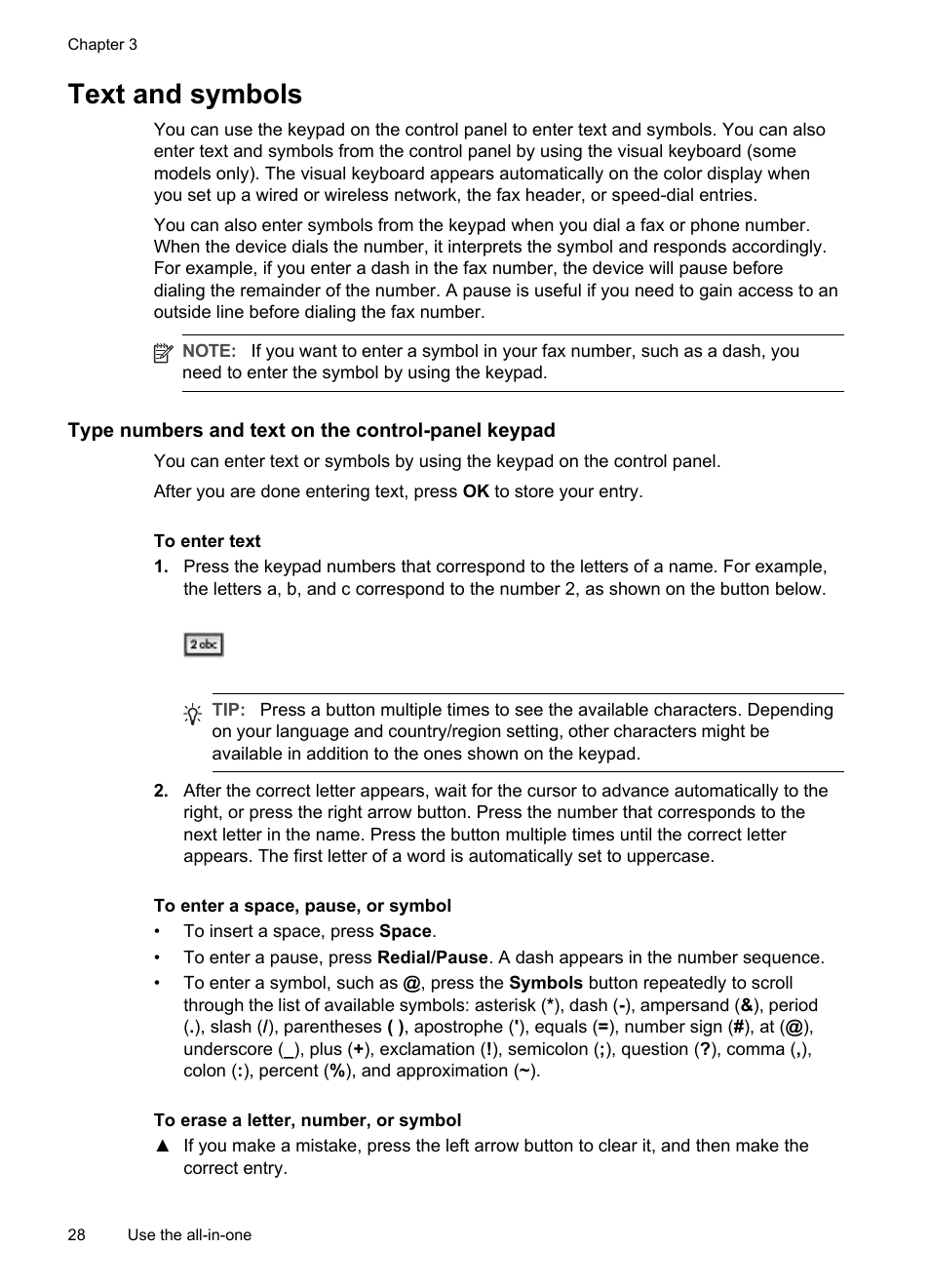 Text and symbols, Type numbers and text on the control-panel keypad, To enter text | To enter a space, pause, or symbol, To erase a letter, number, or symbol | HP Officejet Pro L7380 All-in-One Printer User Manual | Page 32 / 245