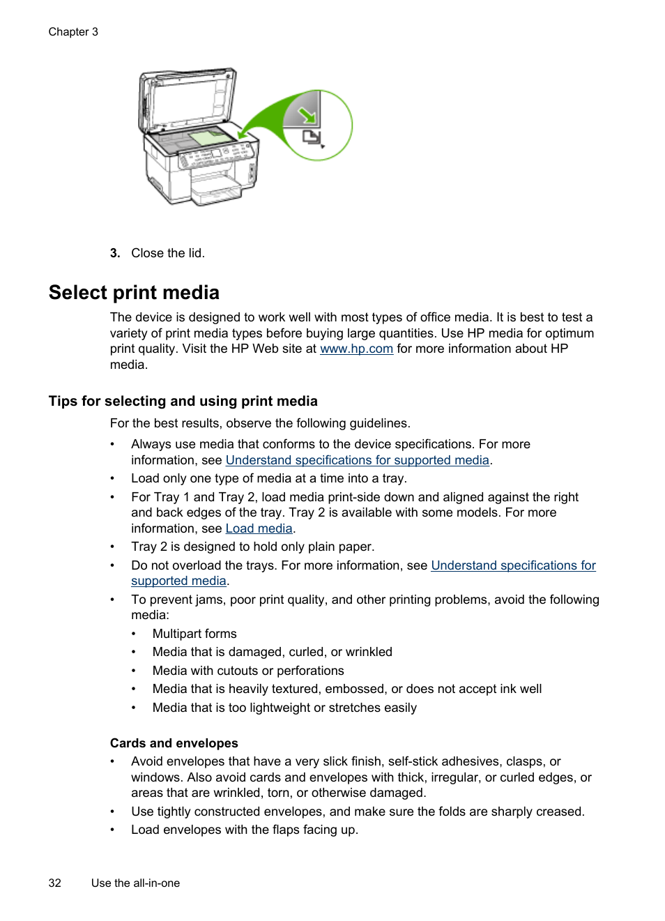 Select print media, Tips for selecting and using print media, Set minimum margins | HP Officejet Pro L7380 All-in-One Printer User Manual | Page 36 / 245