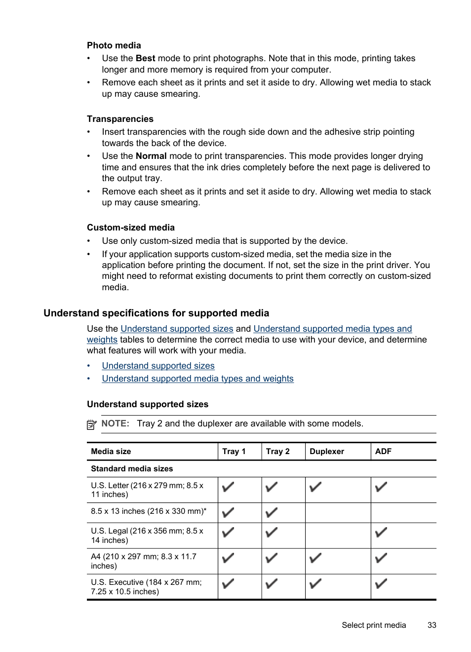 Understand specifications for supported media, Understand supported sizes, Information, see | Understand specifications for, Supported media | HP Officejet Pro L7380 All-in-One Printer User Manual | Page 37 / 245