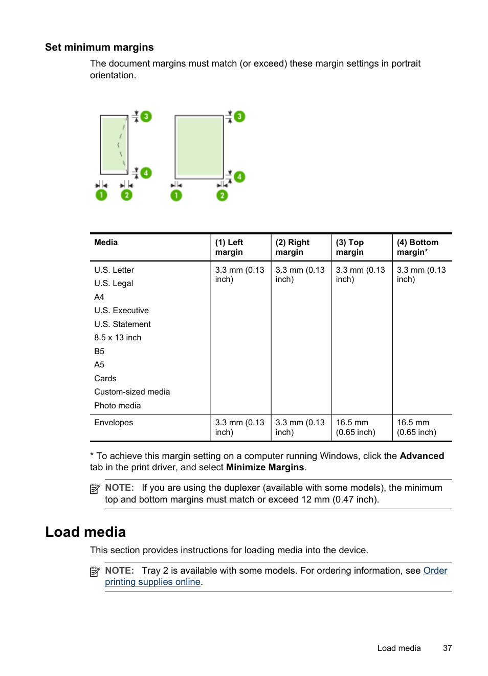 Set minimum margins, Load media, Information, see | HP Officejet Pro L7380 All-in-One Printer User Manual | Page 41 / 245