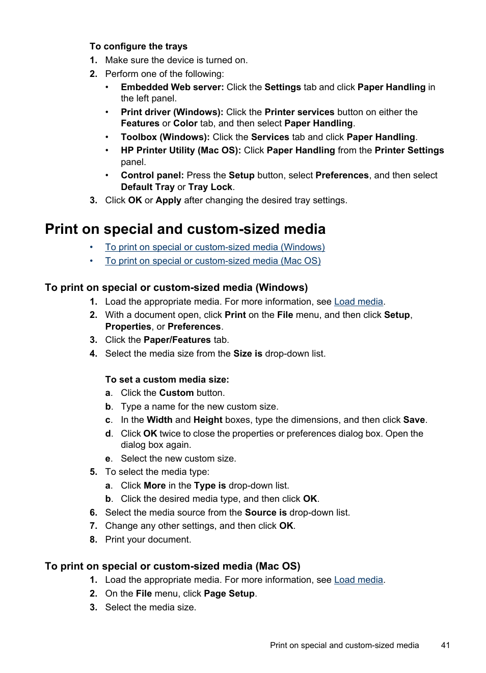 Print on special and custom-sized media, To print on special or custom-sized media (mac os) | HP Officejet Pro L7380 All-in-One Printer User Manual | Page 45 / 245