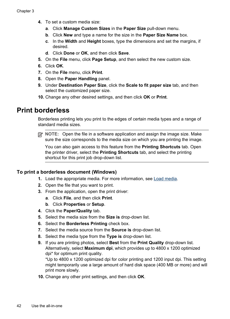 Print borderless, To print a borderless document (windows) | HP Officejet Pro L7380 All-in-One Printer User Manual | Page 46 / 245