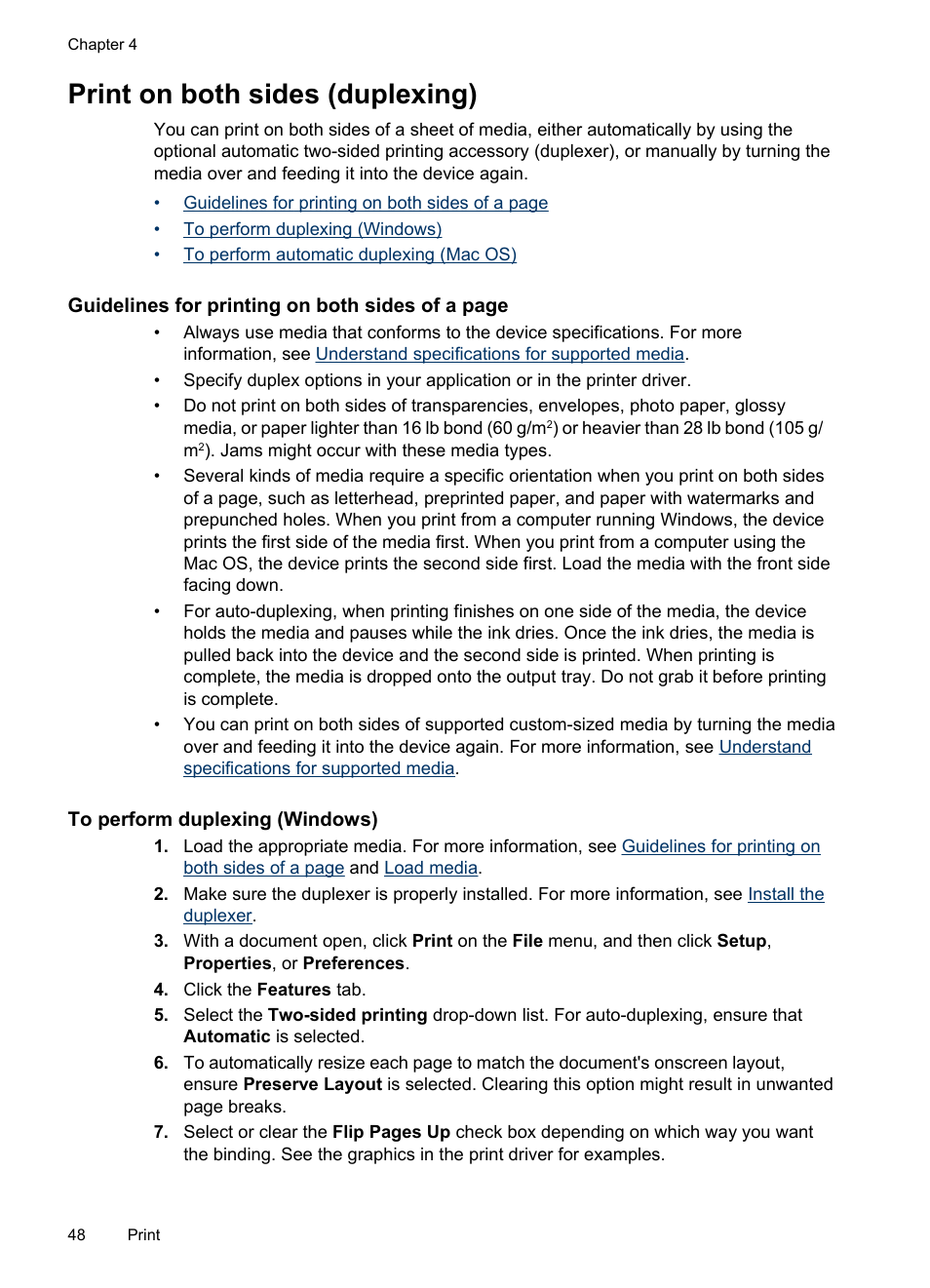 Print on both sides (duplexing), To perform duplexing (windows) | HP Officejet Pro L7380 All-in-One Printer User Manual | Page 52 / 245