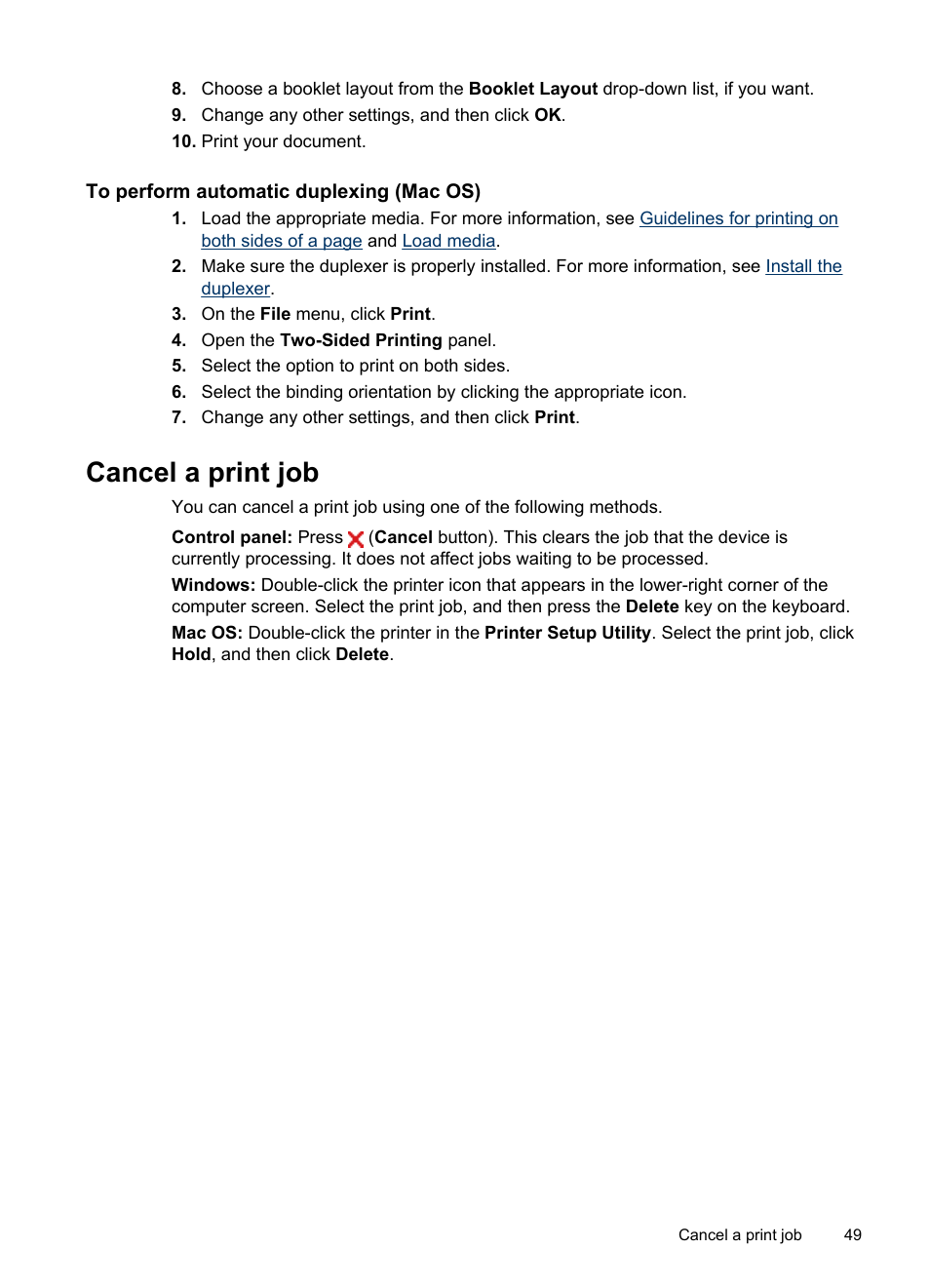 To perform automatic duplexing (mac os), Cancel a print job | HP Officejet Pro L7380 All-in-One Printer User Manual | Page 53 / 245