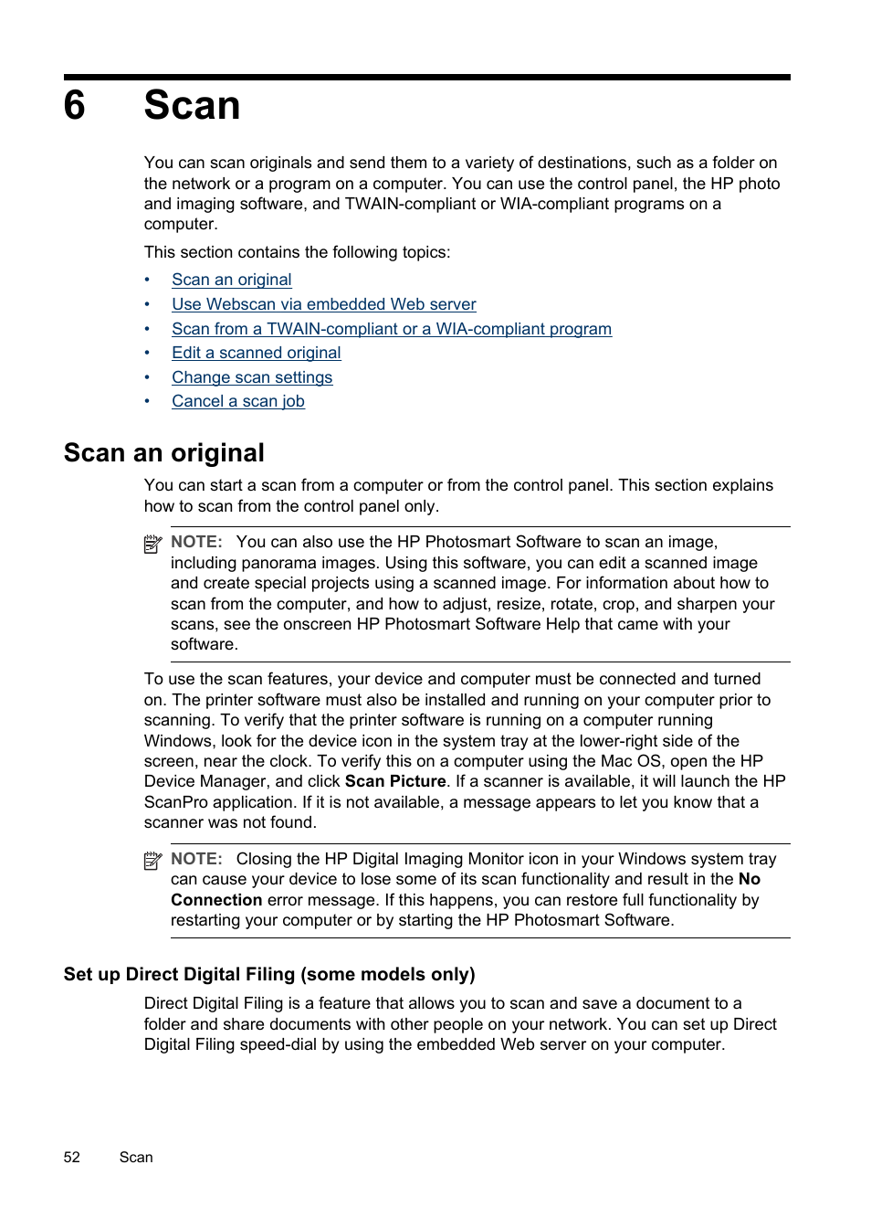 Scan, Scan an original, Set up direct digital filing (some models only) | 6 scan, 6scan | HP Officejet Pro L7380 All-in-One Printer User Manual | Page 56 / 245