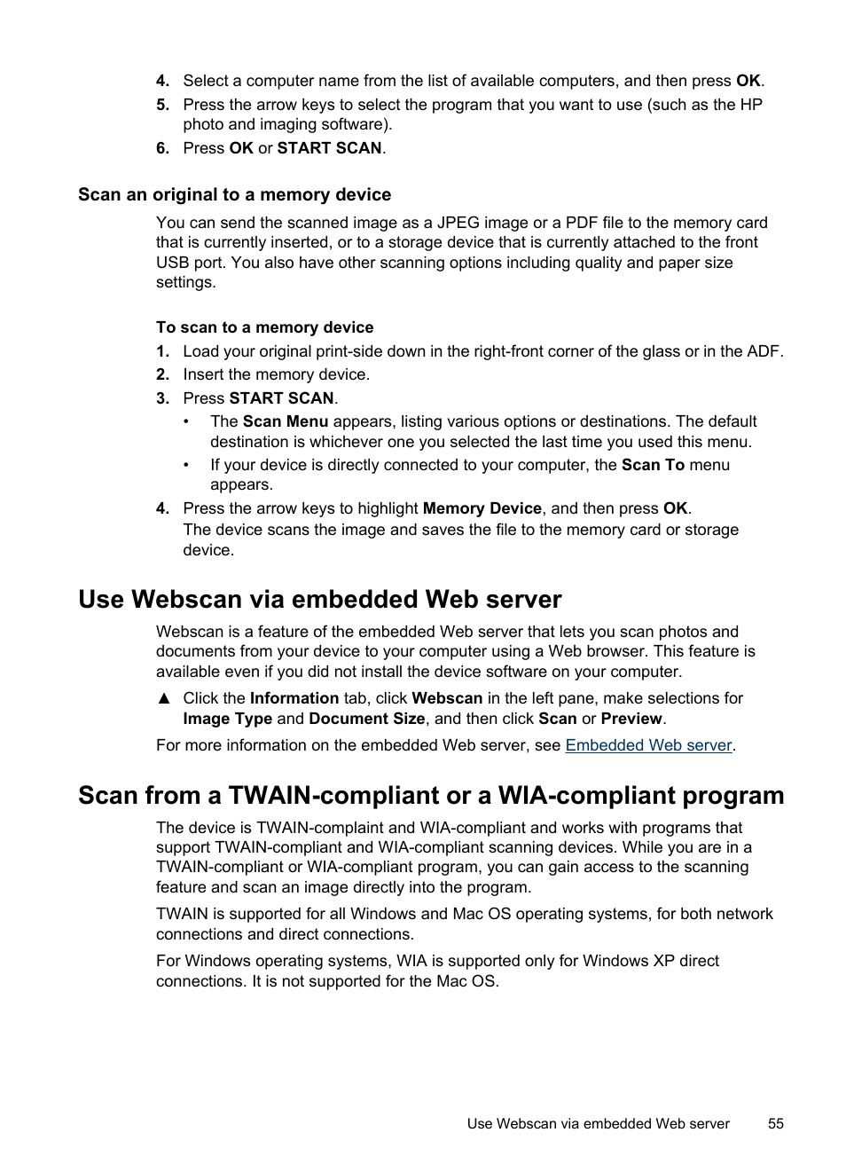 Scan an original to a memory device, Use webscan via embedded web server, Webscan via embedded web server | HP Officejet Pro L7380 All-in-One Printer User Manual | Page 59 / 245