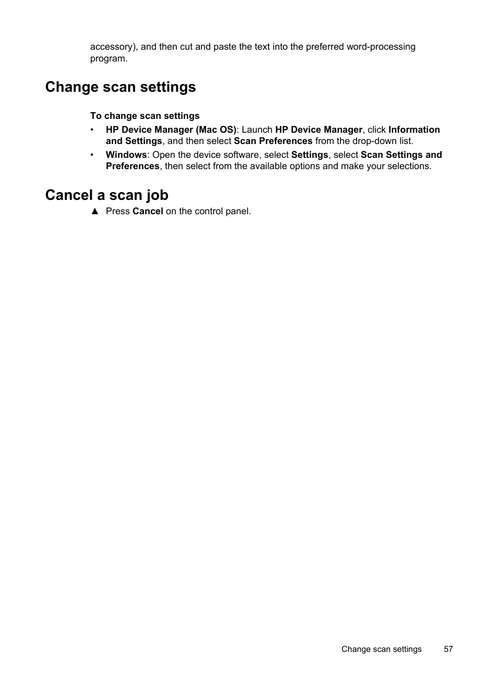 Change scan settings, Cancel a scan job, Change scan settings cancel a scan job | HP Officejet Pro L7380 All-in-One Printer User Manual | Page 61 / 245