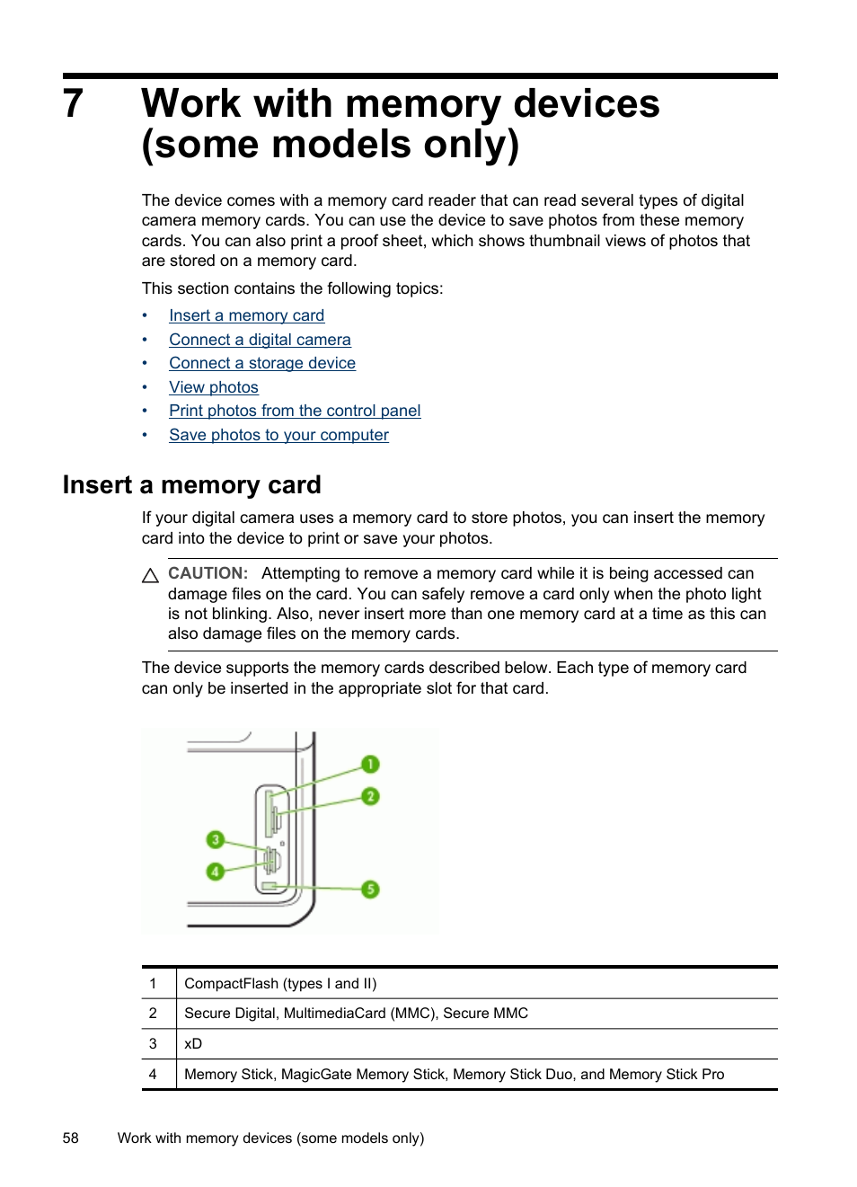 Work with memory devices (some models only), Insert a memory card, 7 work with memory devices (some models only) | HP Officejet Pro L7380 All-in-One Printer User Manual | Page 62 / 245