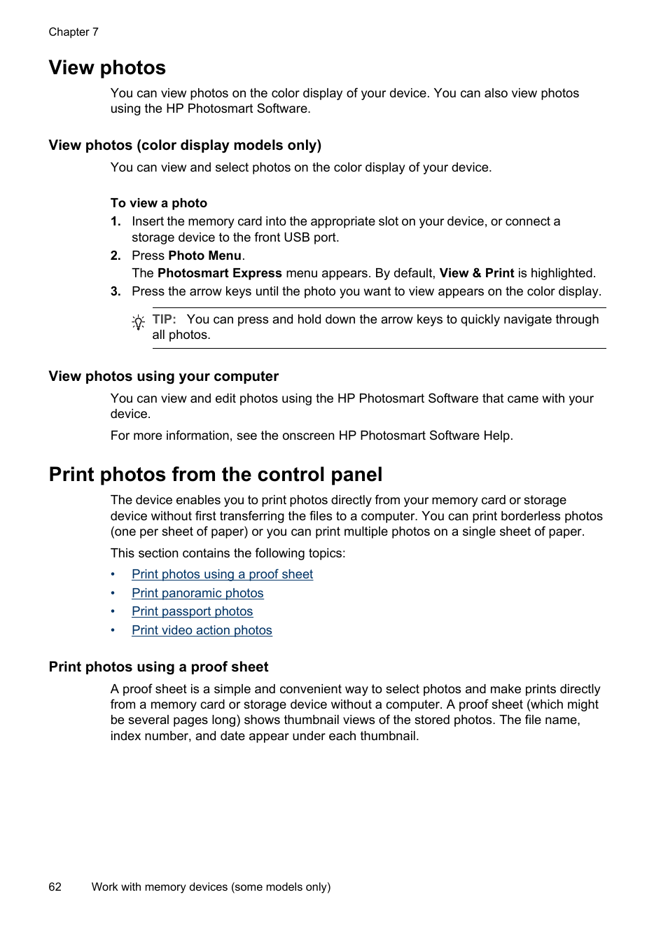 View photos, View photos (color display models only), View photos using your computer | Print photos from the control panel, Print photos using a proof sheet | HP Officejet Pro L7380 All-in-One Printer User Manual | Page 66 / 245