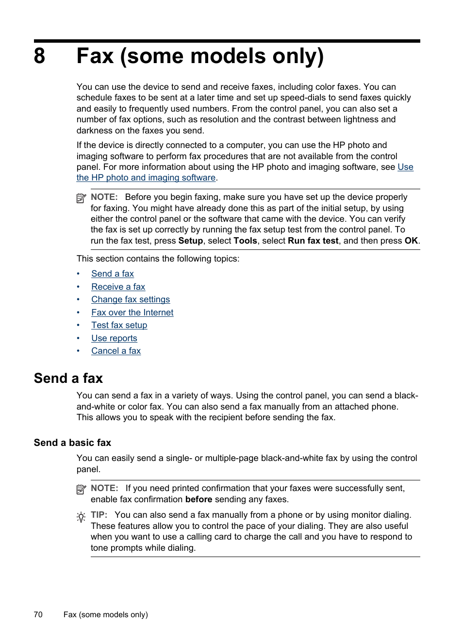 Fax (some models only), Send a fax, Send a basic fax | 8 fax (some models only), 8fax (some models only) | HP Officejet Pro L7380 All-in-One Printer User Manual | Page 74 / 245