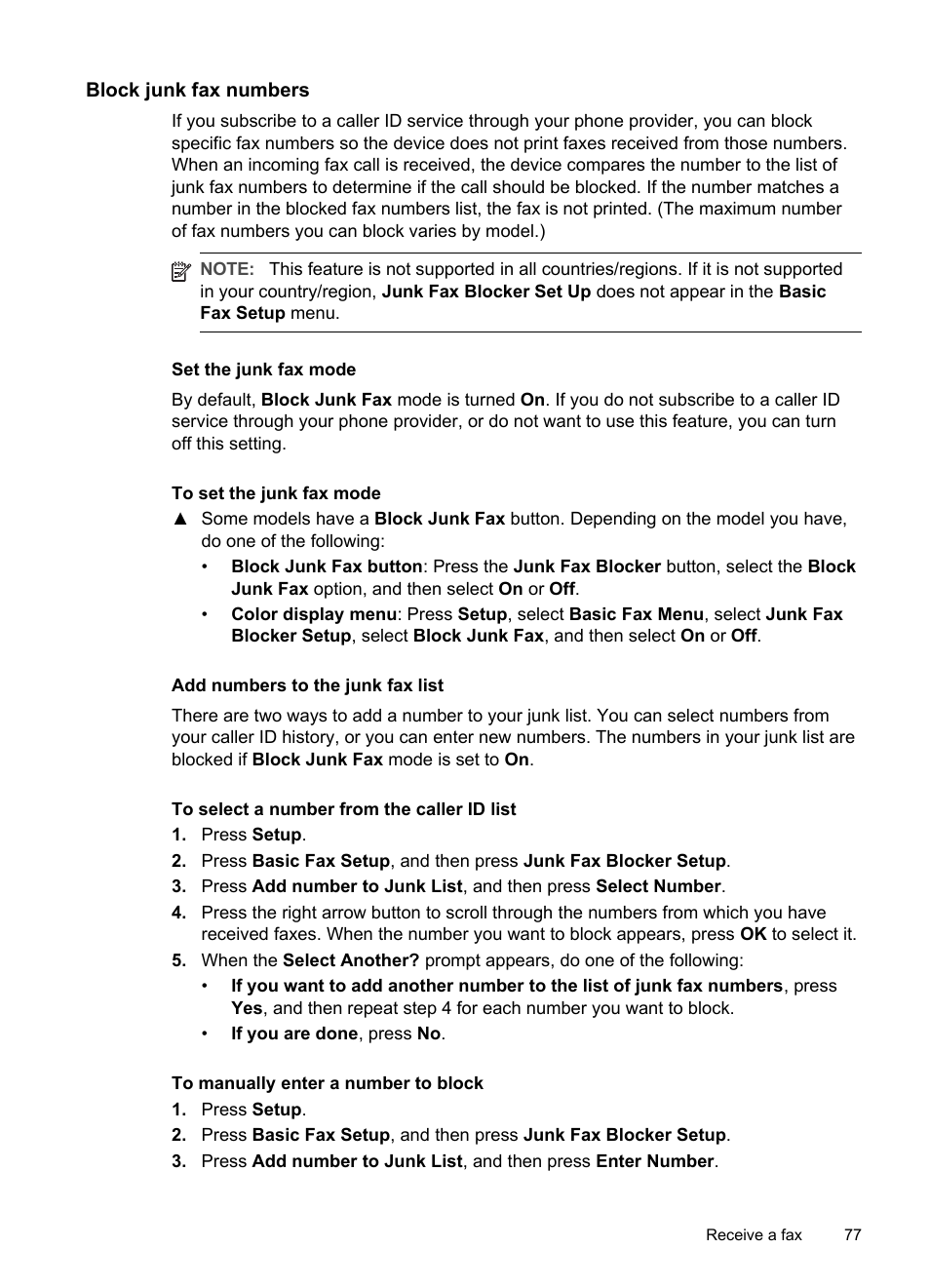 Block junk fax numbers, Set the junk fax mode, Add numbers to the junk fax list | HP Officejet Pro L7380 All-in-One Printer User Manual | Page 81 / 245