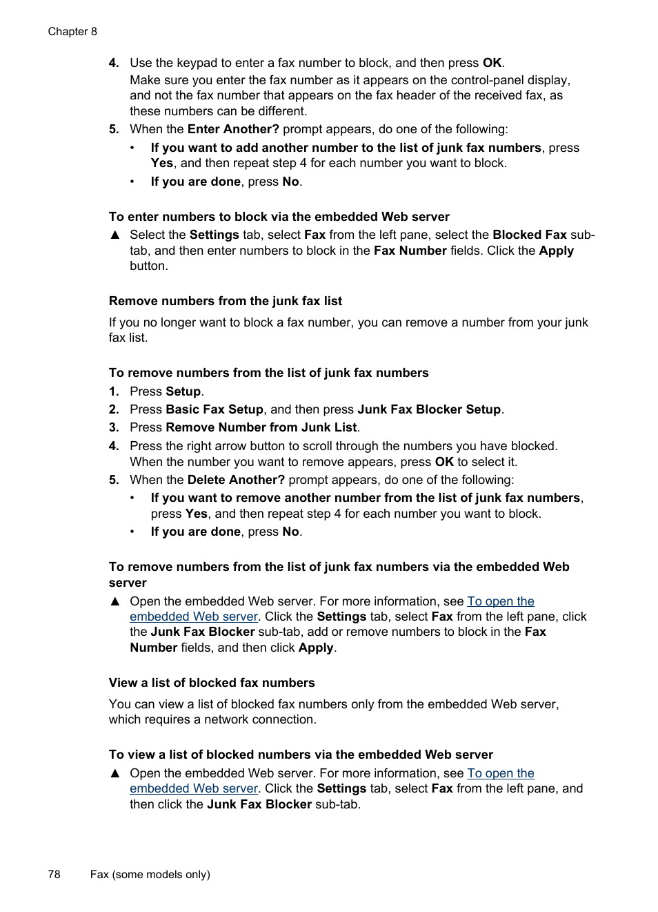 Remove numbers from the junk fax list, View a list of blocked fax numbers | HP Officejet Pro L7380 All-in-One Printer User Manual | Page 82 / 245