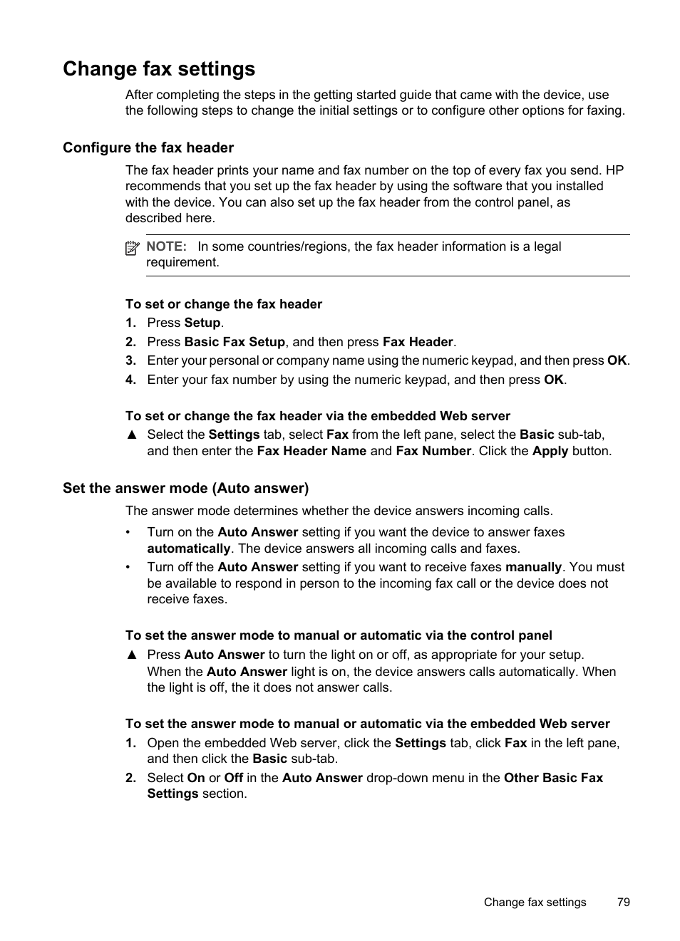 Change fax settings, Configure the fax header, Set the answer mode (auto answer) | To set the fax error-correction mode, Set the dial type, To set the dial type, Set the redial options, To set the redial options, Set the fax speed | HP Officejet Pro L7380 All-in-One Printer User Manual | Page 83 / 245