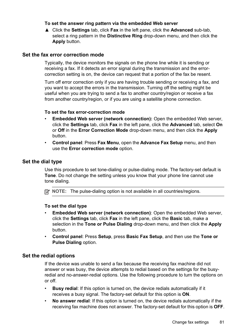 Set the fax error correction mode, To set the fax error-correction mode, Set the dial type | To set the dial type, Set the redial options | HP Officejet Pro L7380 All-in-One Printer User Manual | Page 85 / 245