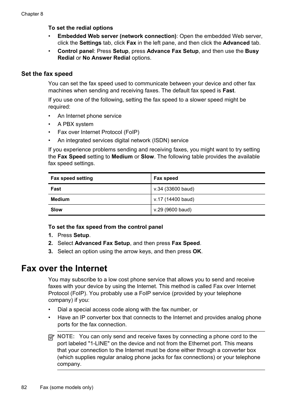 To set the redial options, Set the fax speed, Fax over the internet | HP Officejet Pro L7380 All-in-One Printer User Manual | Page 86 / 245