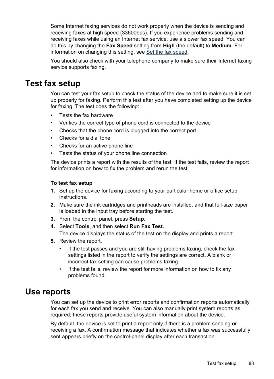 Test fax setup, Use reports | HP Officejet Pro L7380 All-in-One Printer User Manual | Page 87 / 245