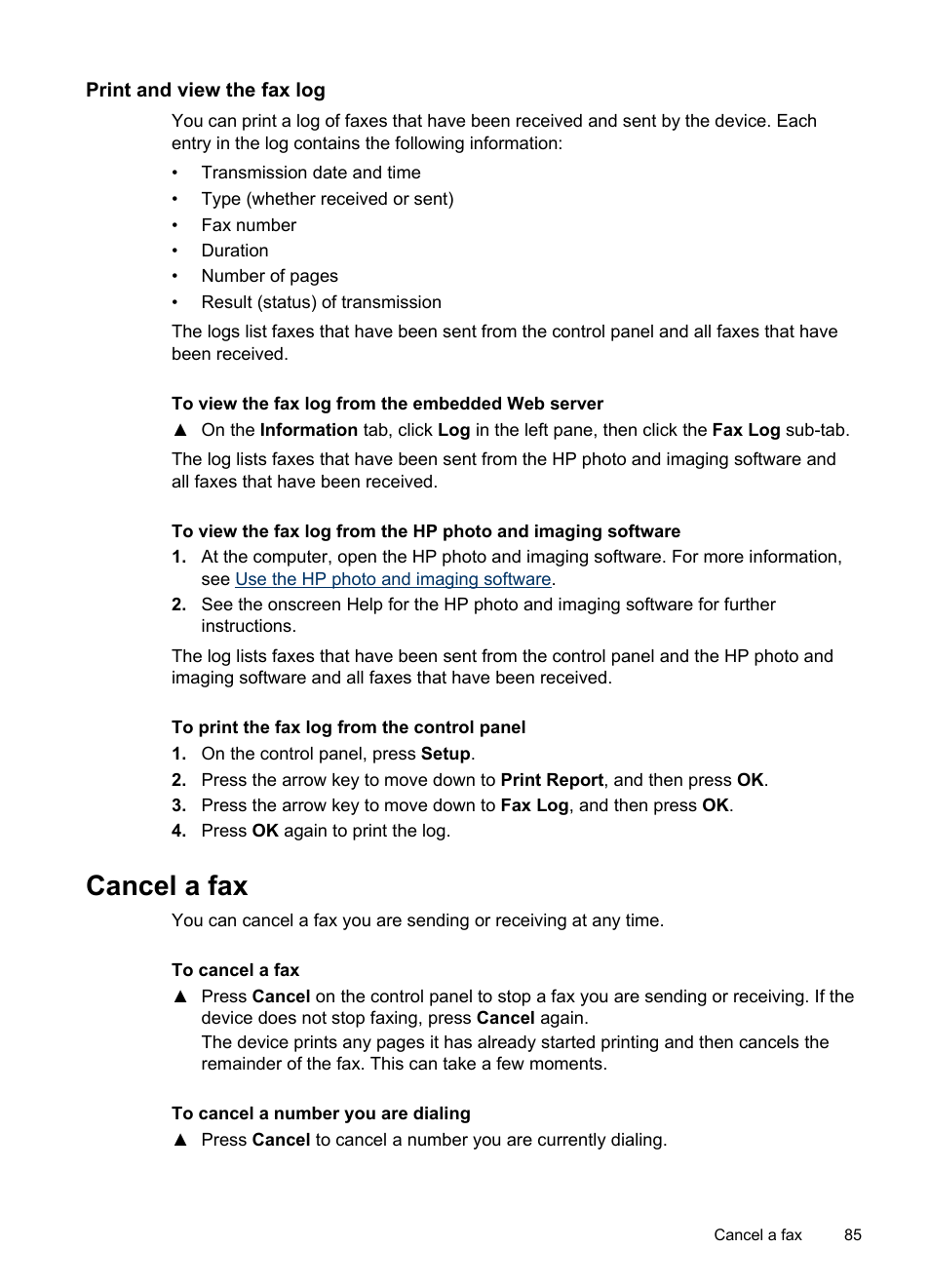 Print and view the fax log, Cancel a fax | HP Officejet Pro L7380 All-in-One Printer User Manual | Page 89 / 245