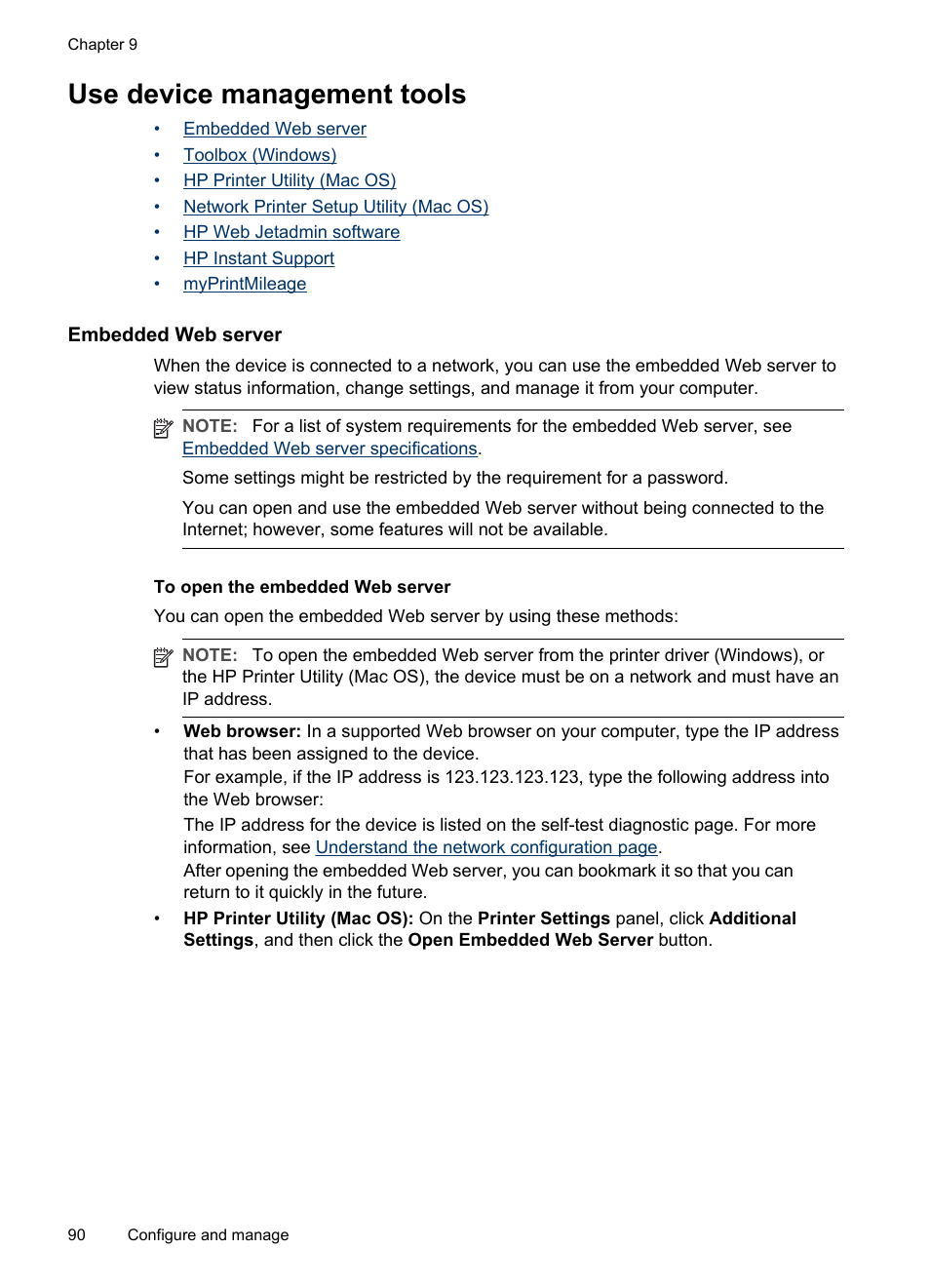 Use device management tools, Embedded web server, To open the embedded web server | Toolbox (windows), To open the toolbox toolbox tabs, Hp printer utility (mac os), Myprintmileage, To open the | HP Officejet Pro L7380 All-in-One Printer User Manual | Page 94 / 245