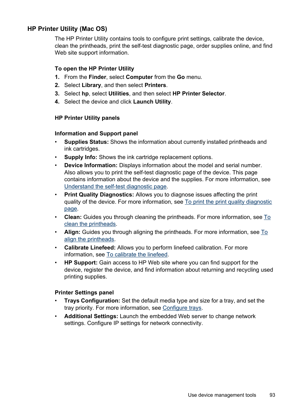 Hp printer utility (mac os), To open the hp printer utility, Hp printer utility panels | Printer utility (mac os) | HP Officejet Pro L7380 All-in-One Printer User Manual | Page 97 / 245