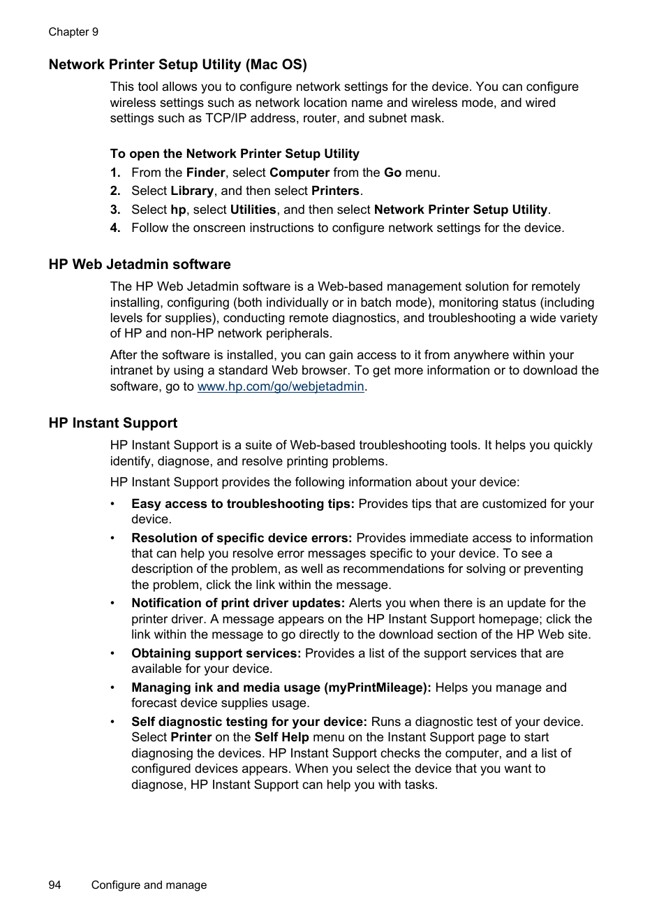 Network printer setup utility (mac os), Hp web jetadmin software, Hp instant support | Instant support, Information, see | HP Officejet Pro L7380 All-in-One Printer User Manual | Page 98 / 245