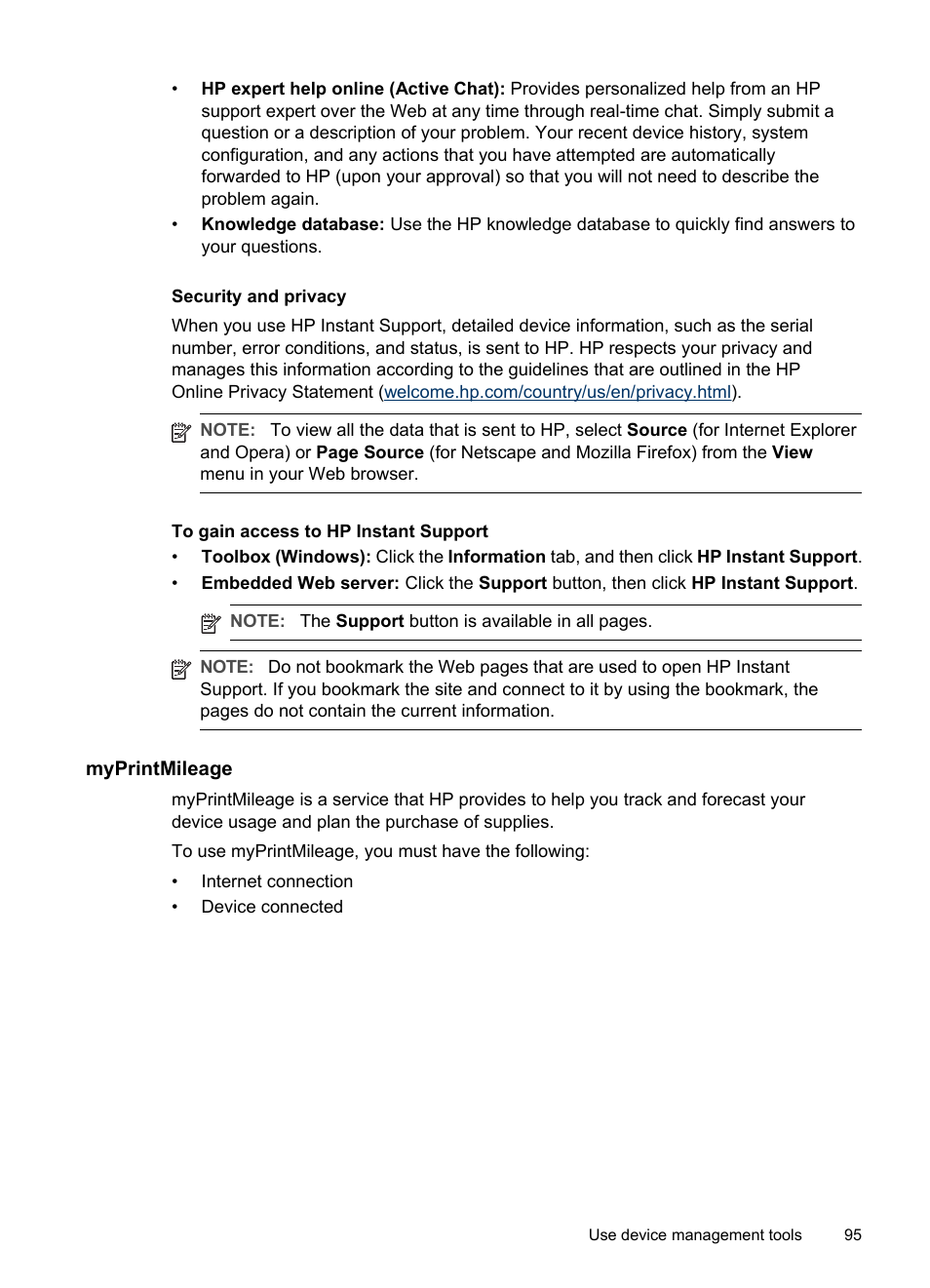 Security and privacy, To gain access to hp instant support, Myprintmileage | HP Officejet Pro L7380 All-in-One Printer User Manual | Page 99 / 245