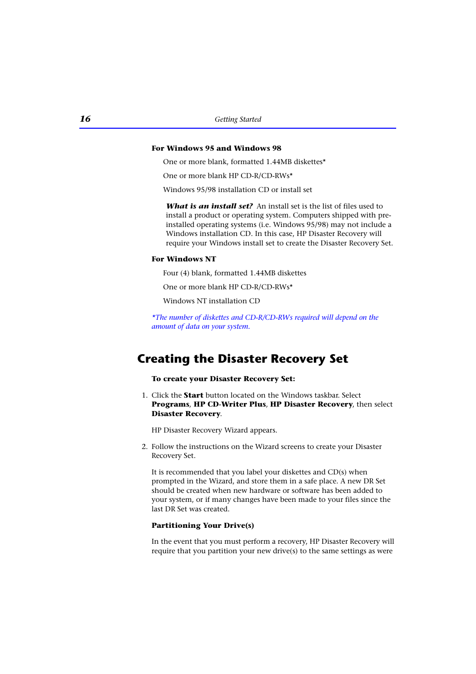 For windows 95 and windows 98, For windows nt, Creating the disaster recovery set | HP CD-Writer Plus External 9200e Drive User Manual | Page 16 / 38