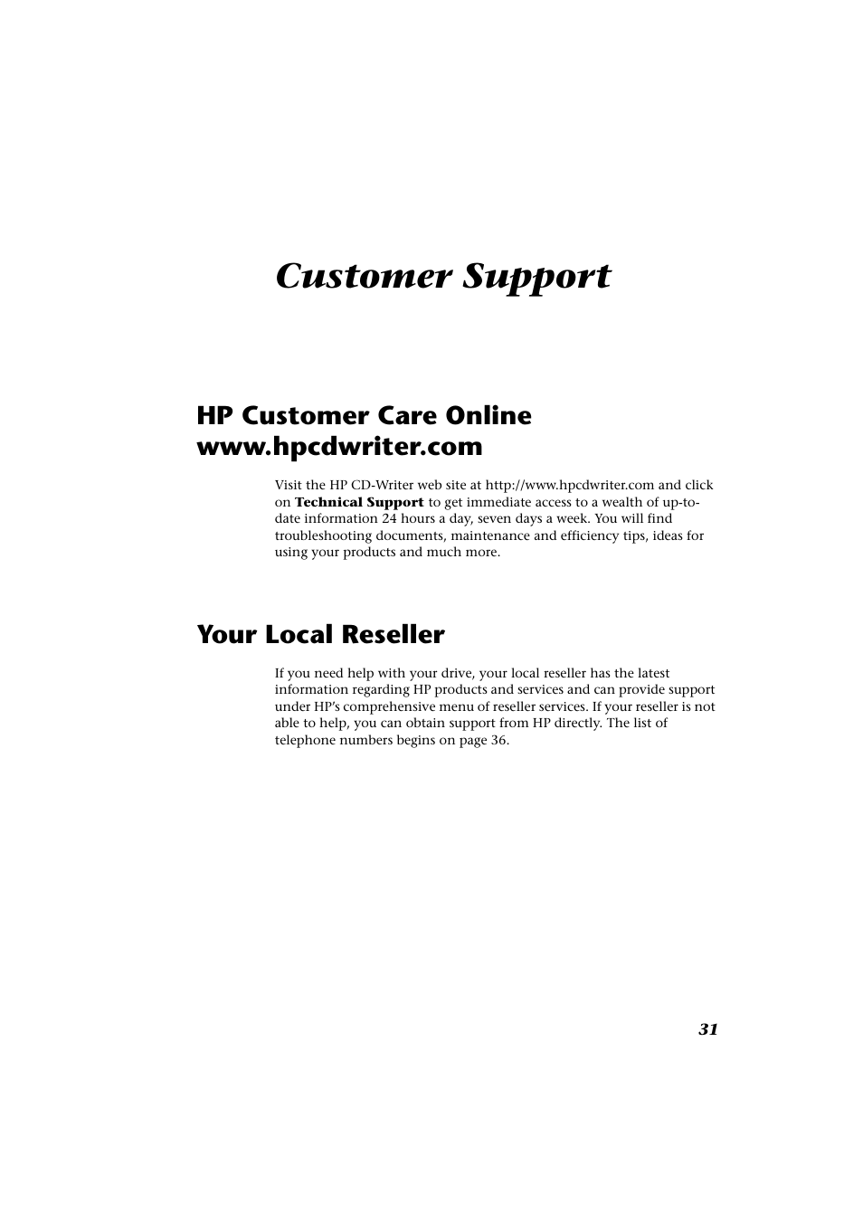 Customer support, Hp customer care online www.hpcdwriter.com, Your local reseller | HP CD-Writer Plus External 9200e Drive User Manual | Page 31 / 38