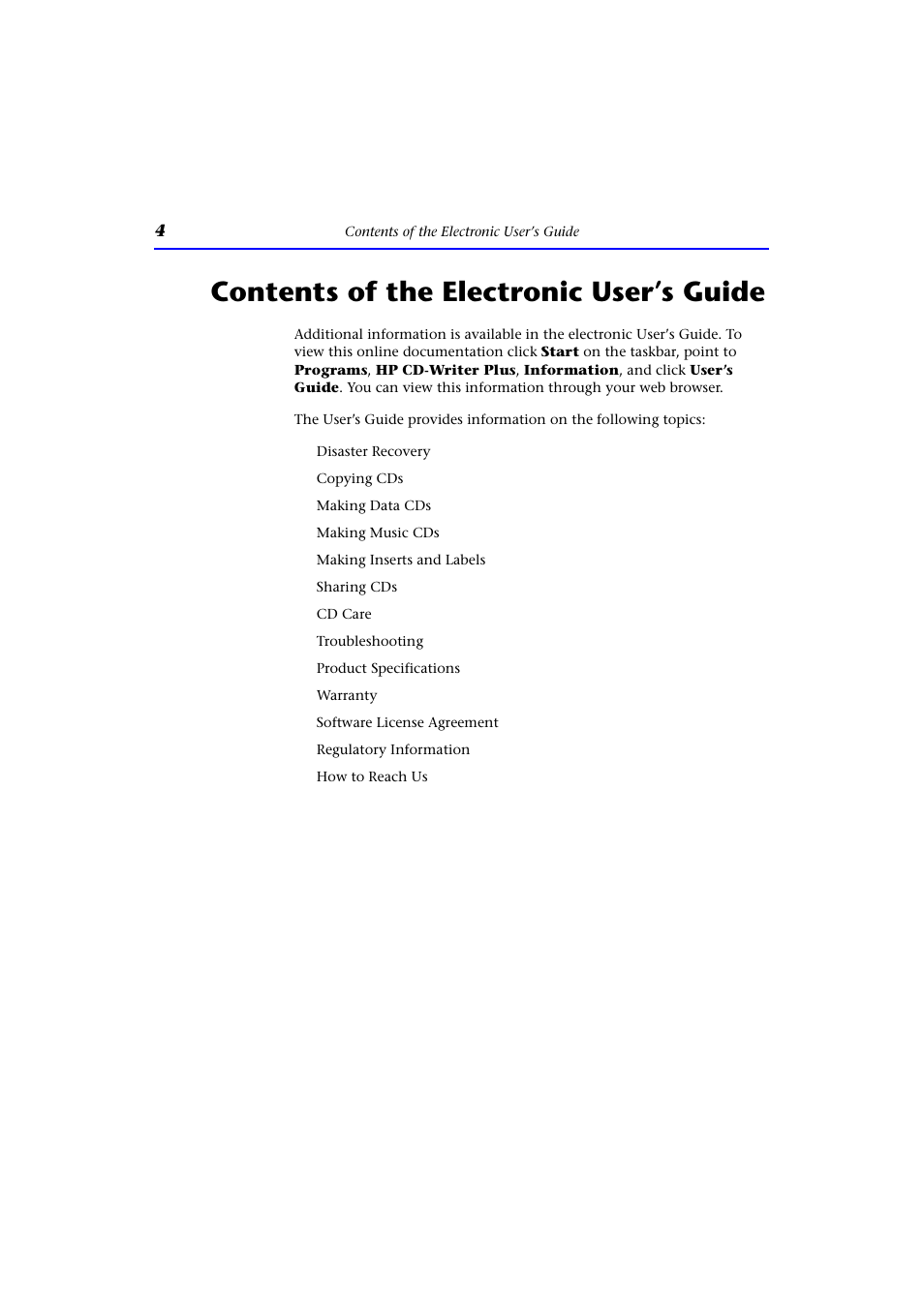 Contents of the electronic user’s guide | HP CD-Writer Plus External 9200e Drive User Manual | Page 4 / 38