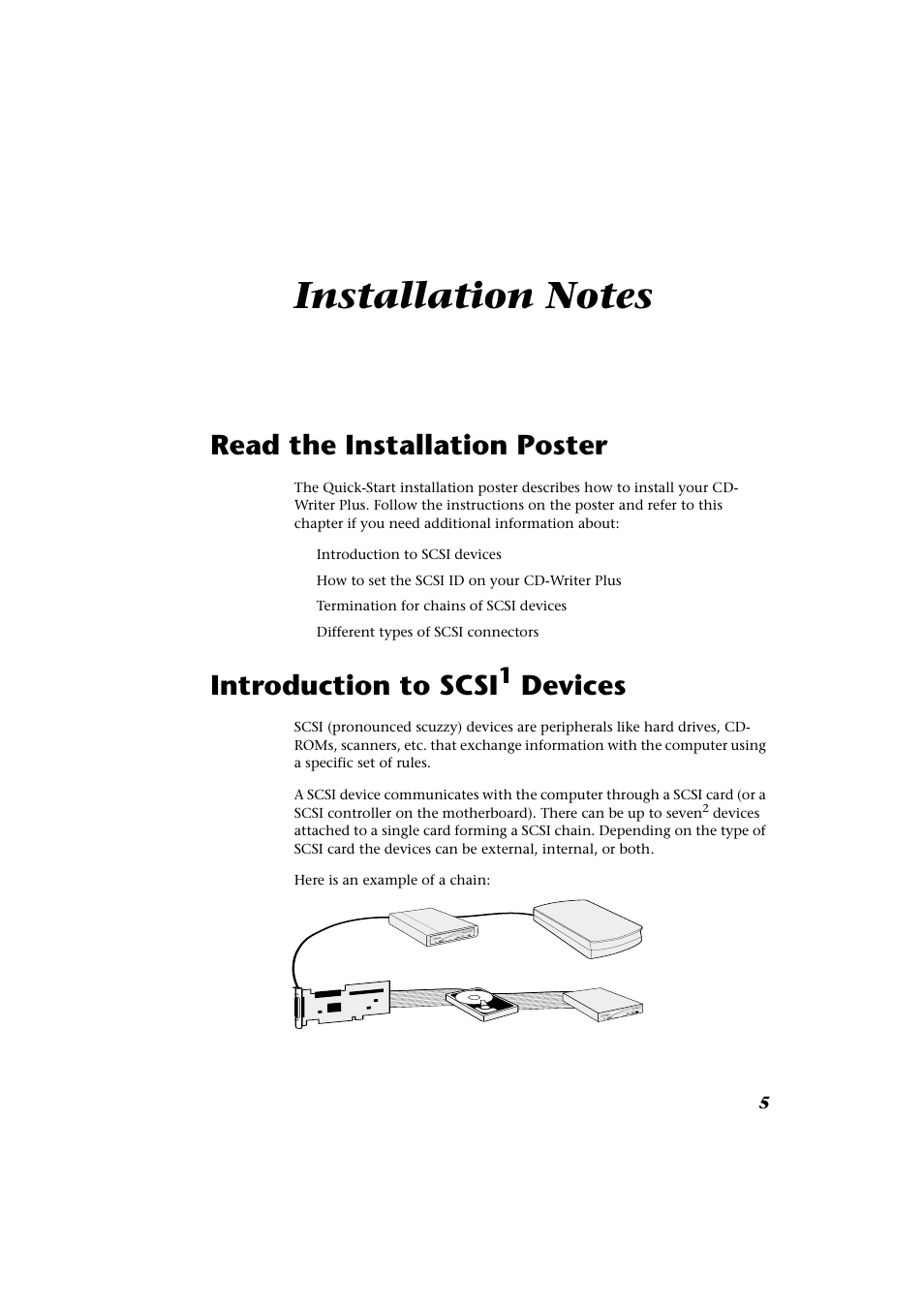 Installation notes, Read the installation poster, Introduction to scsi devices | Introduction to scsi, Devices | HP CD-Writer Plus External 9200e Drive User Manual | Page 5 / 38