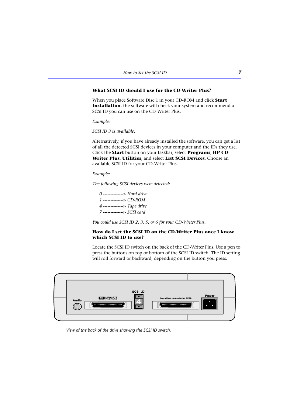 What scsi id should i use for the cd-writer plus | HP CD-Writer Plus External 9200e Drive User Manual | Page 7 / 38