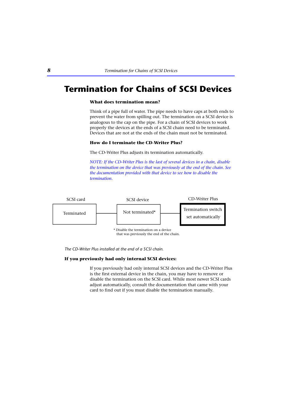 Termination for chains of scsi devices, What does termination mean, How do i terminate the cd-writer plus | HP CD-Writer Plus External 9200e Drive User Manual | Page 8 / 38