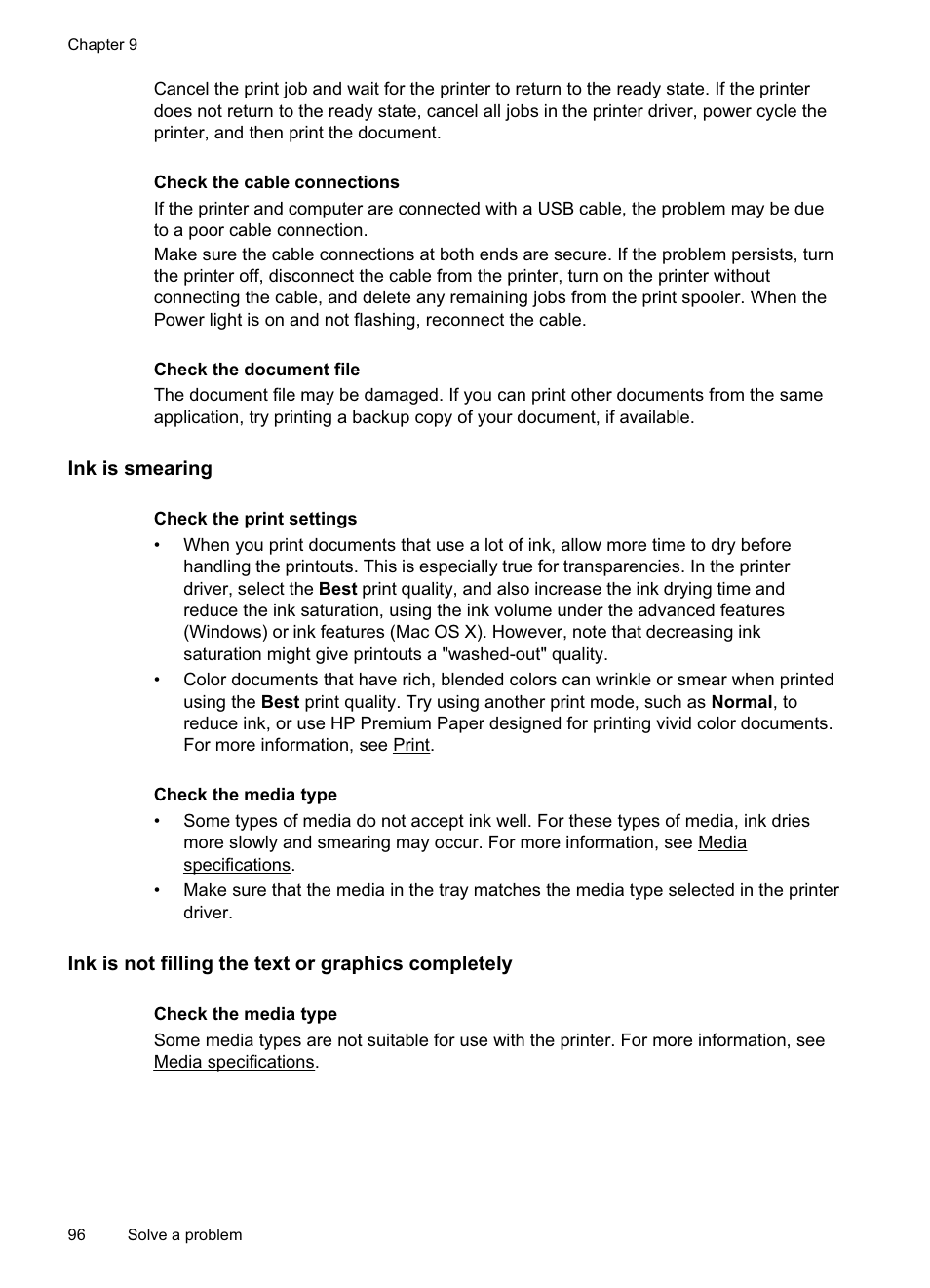 Ink is smearing, Ink is not filling the text or graphics completely | HP Officejet Pro 8500A User Manual | Page 100 / 246