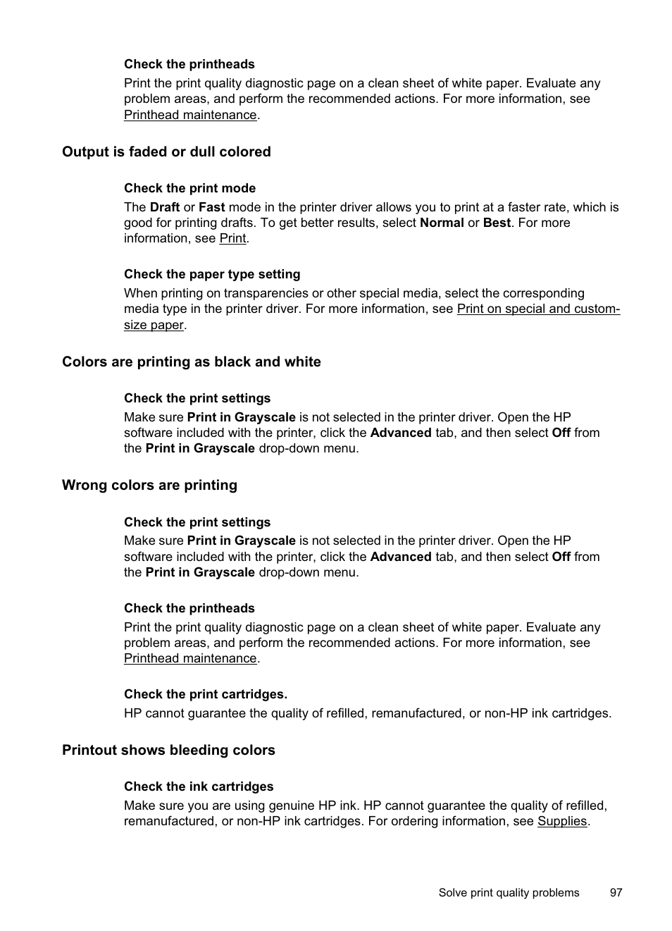 Output is faded or dull colored, Colors are printing as black and white, Wrong colors are printing | Printout shows bleeding colors | HP Officejet Pro 8500A User Manual | Page 101 / 246