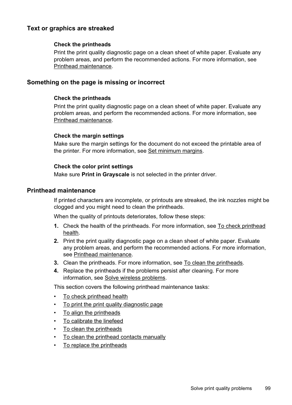 Text or graphics are streaked, Printhead maintenance | HP Officejet Pro 8500A User Manual | Page 103 / 246