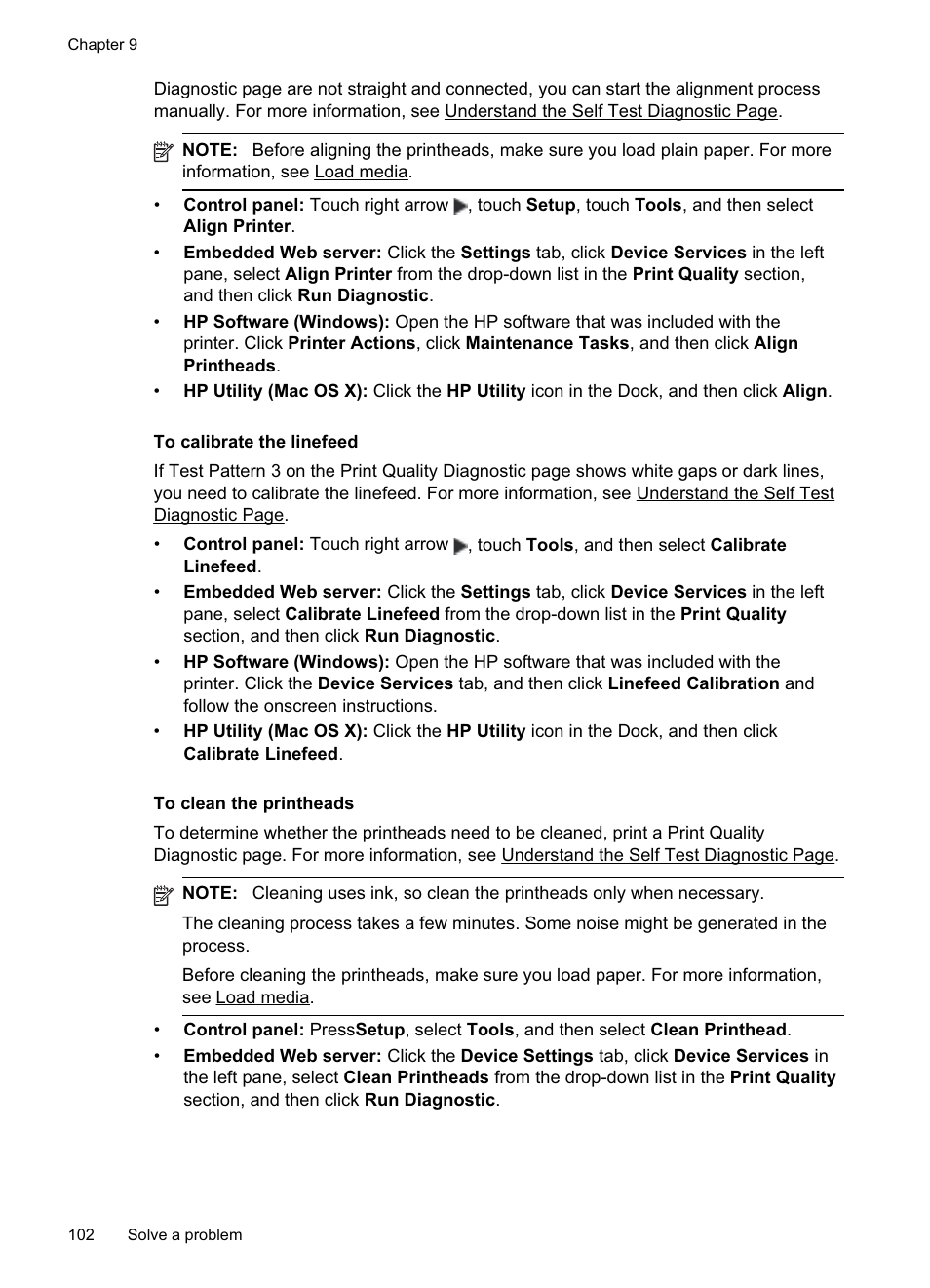 To calibrate the linefeed, To clean the printheads, See to clean the printheads | Information, see to clean the printheads | HP Officejet Pro 8500A User Manual | Page 106 / 246