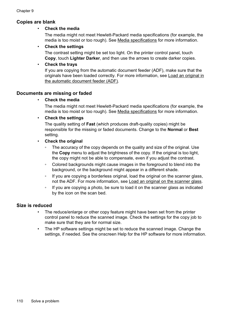 Copies are blank, Documents are missing or faded, Size is reduced | HP Officejet Pro 8500A User Manual | Page 114 / 246