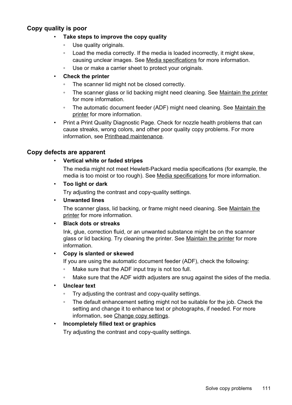 Copy quality is poor, Copy defects are apparent | HP Officejet Pro 8500A User Manual | Page 115 / 246