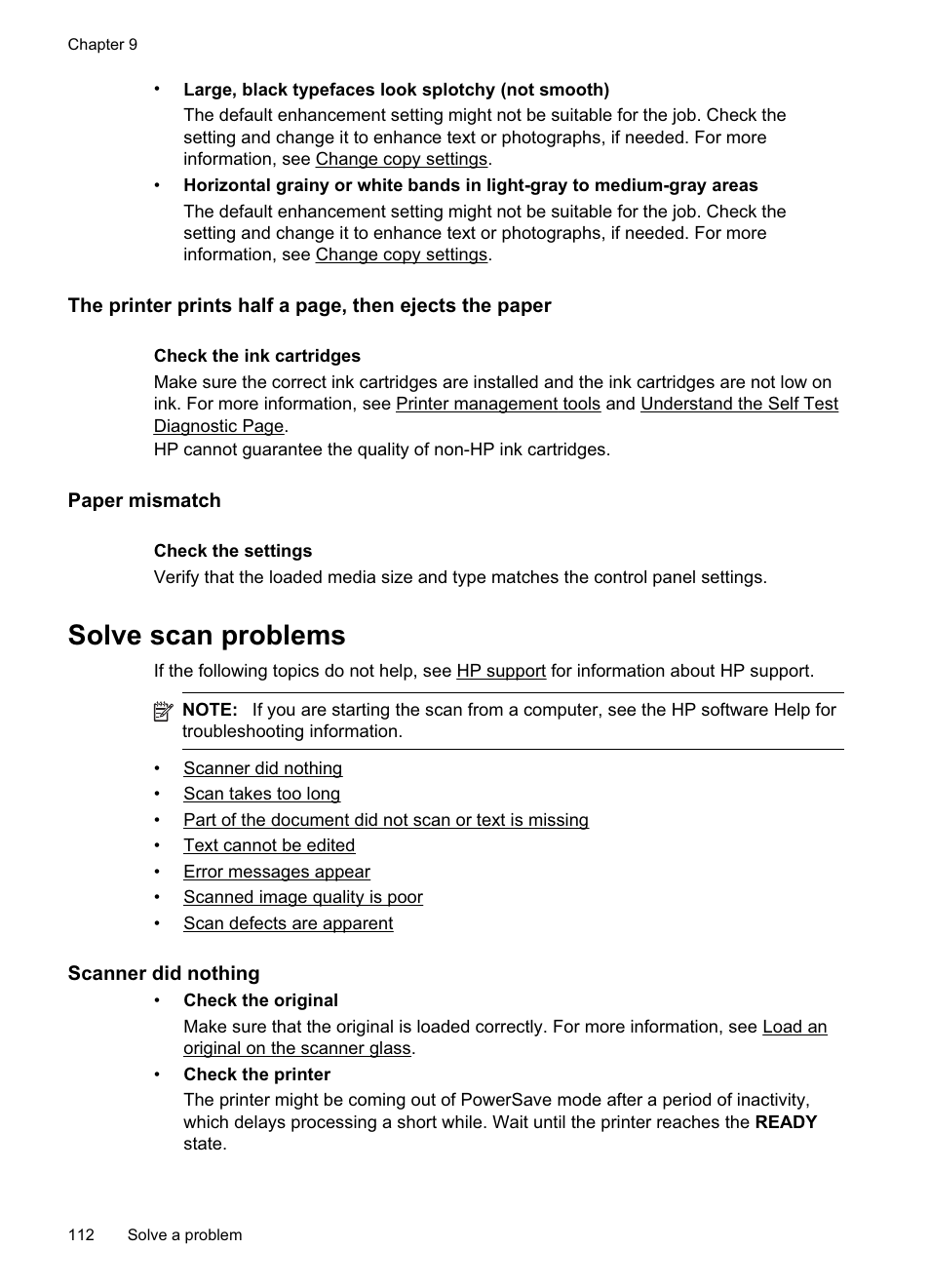 Paper mismatch, Solve scan problems, Scanner did nothing | HP Officejet Pro 8500A User Manual | Page 116 / 246