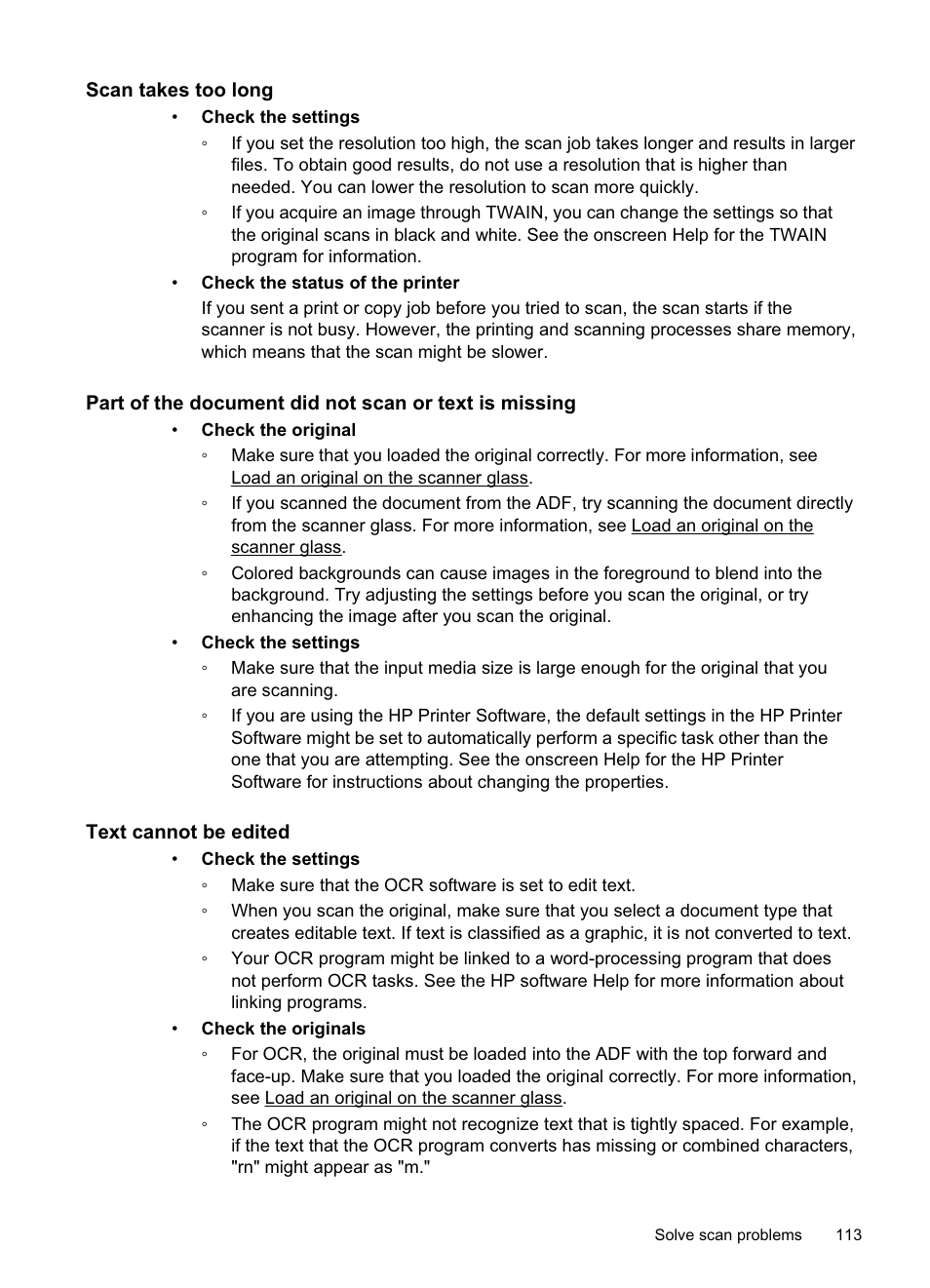 Scan takes too long, Text cannot be edited | HP Officejet Pro 8500A User Manual | Page 117 / 246